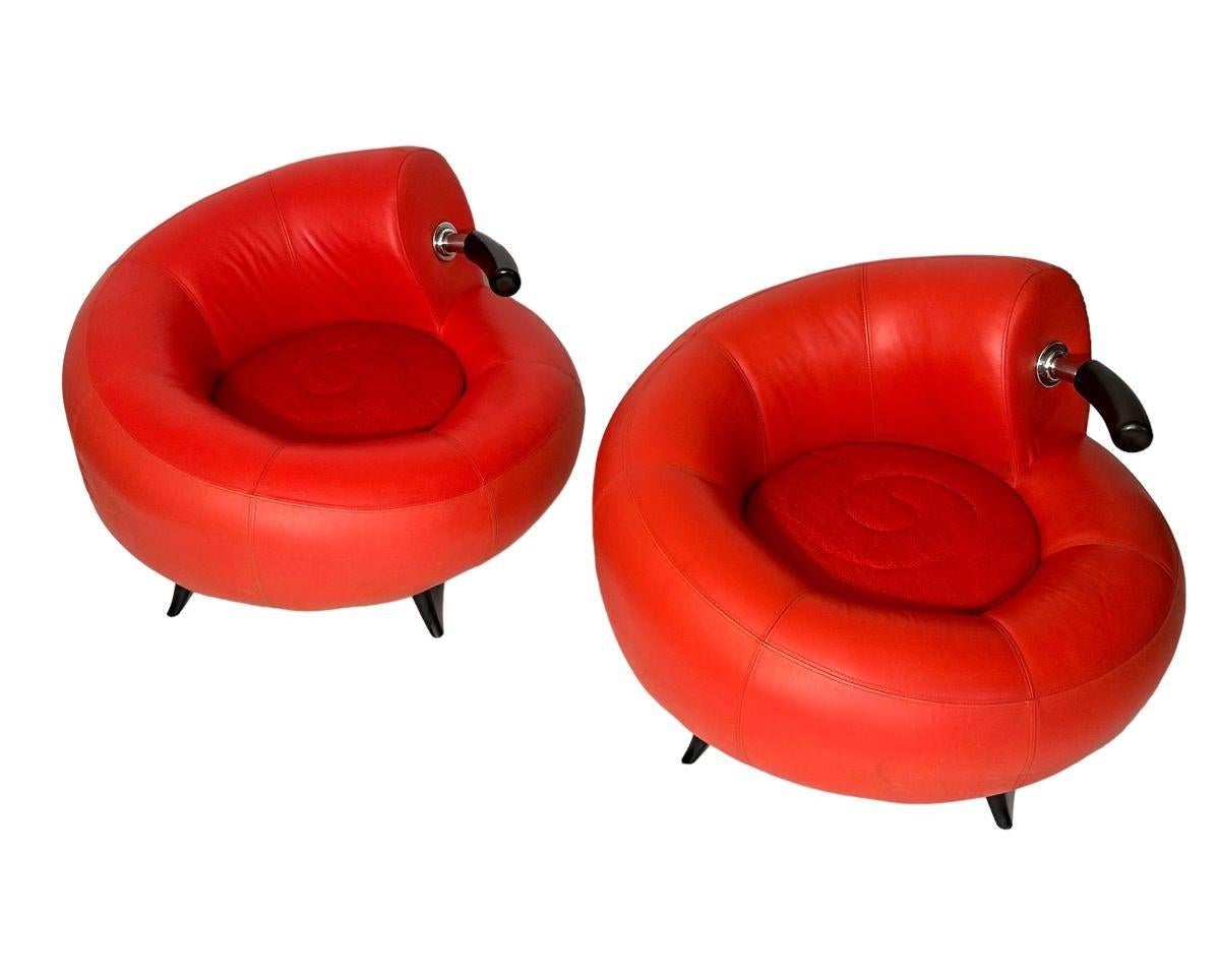 Post-Modern Pair Red Leather Post Modern Lounge Chairs, Italy, 1990 For Sale