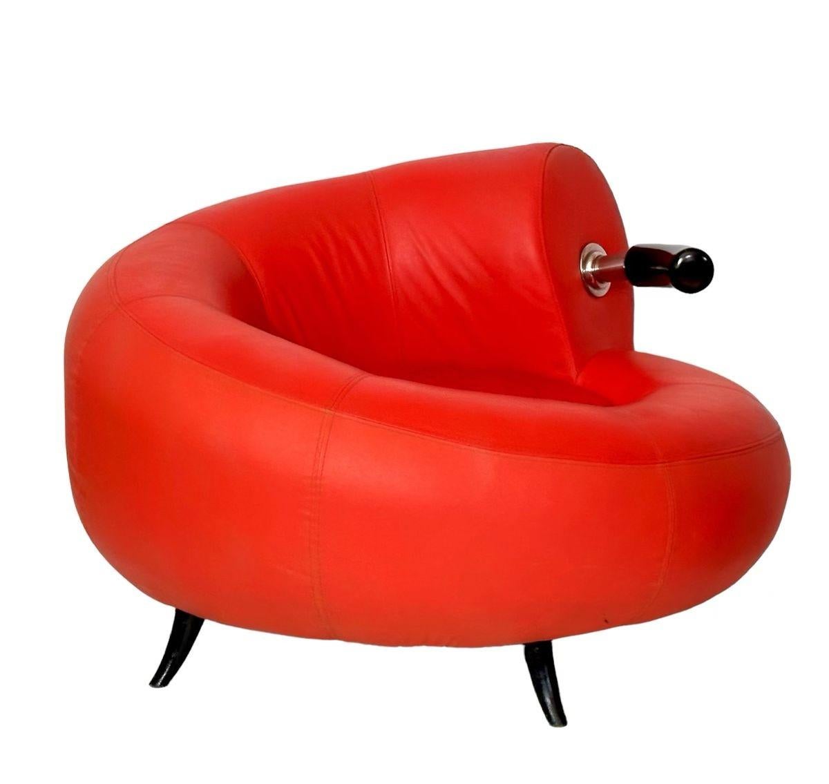 Italian Pair Red Leather Post Modern Lounge Chairs, Italy, 1990 For Sale