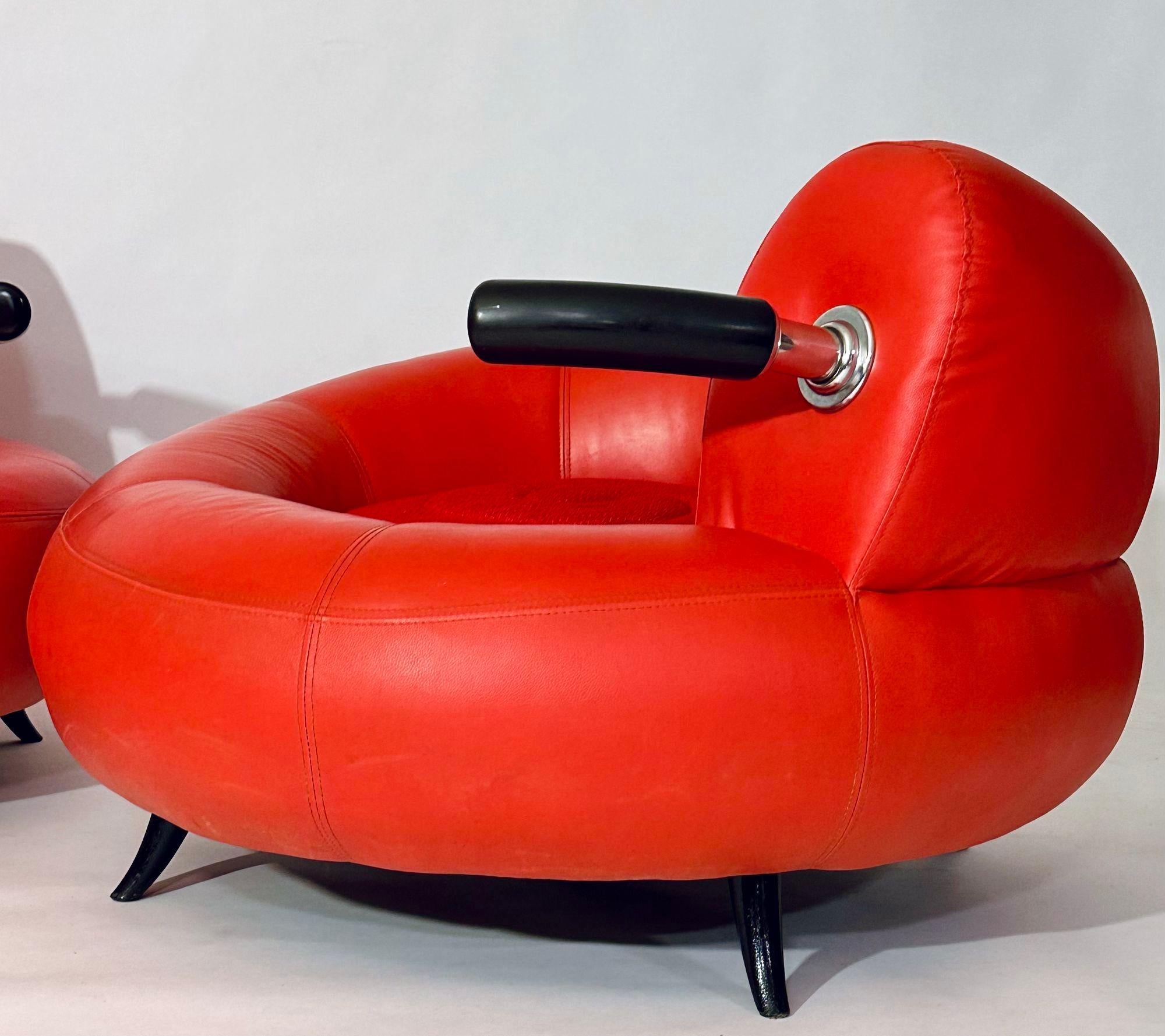 Late 20th Century Pair Red Leather Post Modern Lounge Chairs, Italy, 1990 For Sale