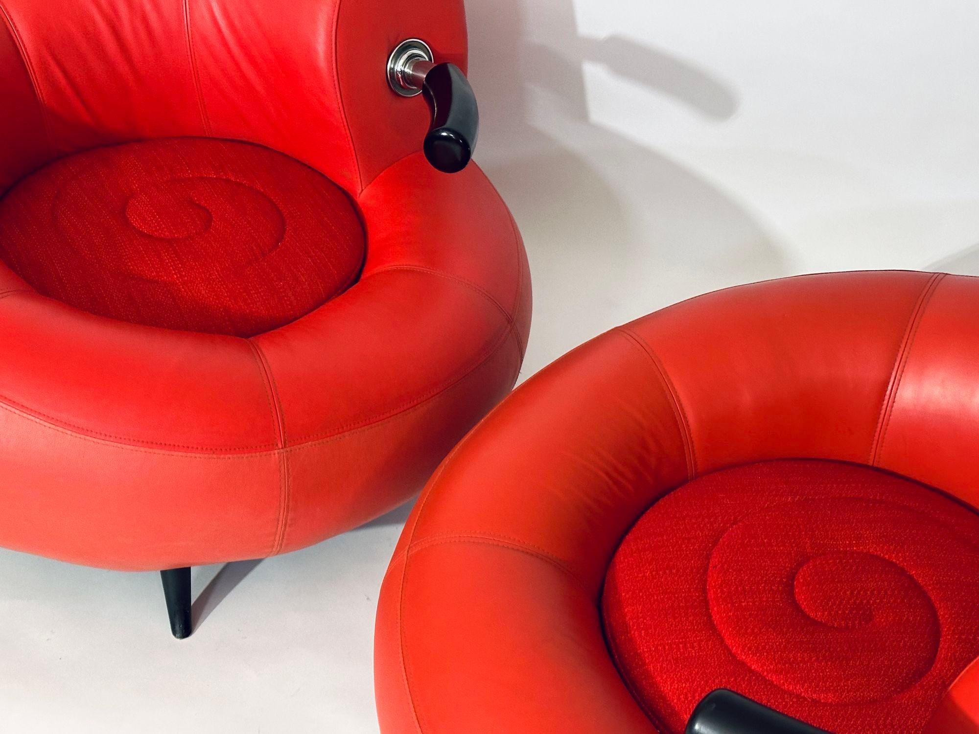 Pair Red Leather Post Modern Lounge Chairs, Italy, 1990 For Sale 1