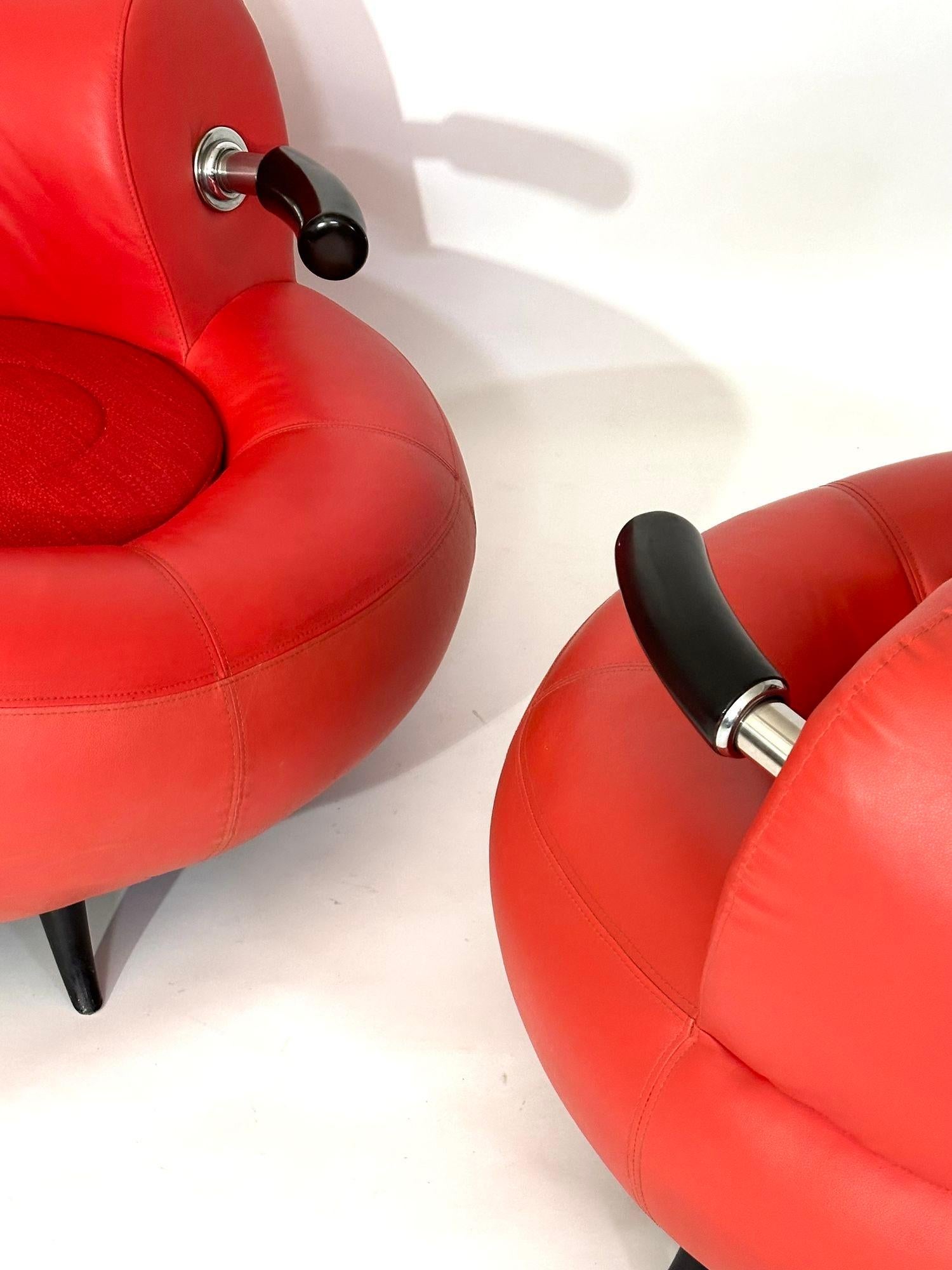 Pair Red Leather Post Modern Lounge Chairs, Italy, 1990 For Sale 2