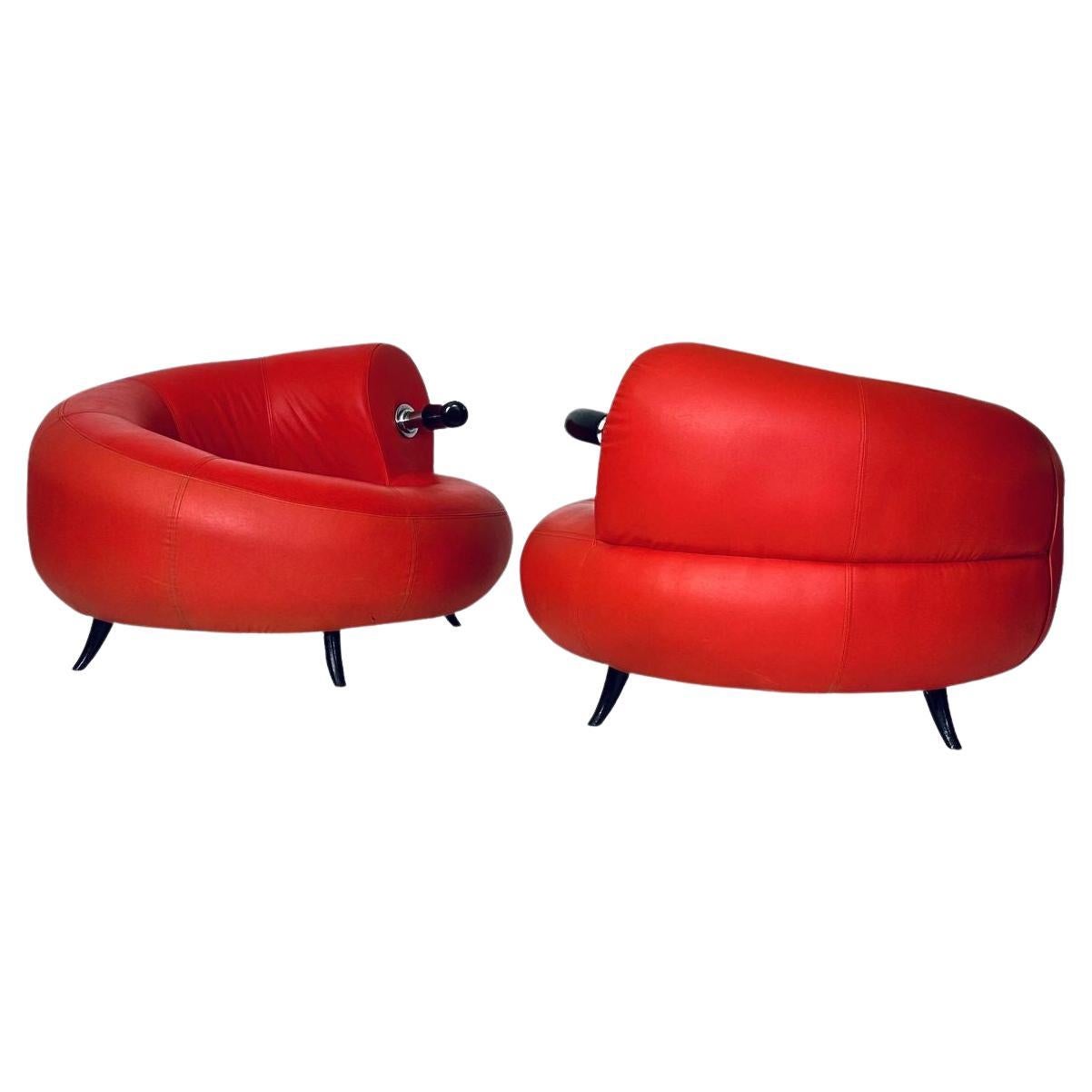 Pair Red Leather Post Modern Lounge Chairs, Italy, 1990 For Sale