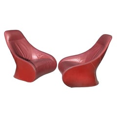Pair Red Leather Zanotta Derby Arm Chairs by Noe Duchaufour Lawrance, Italy