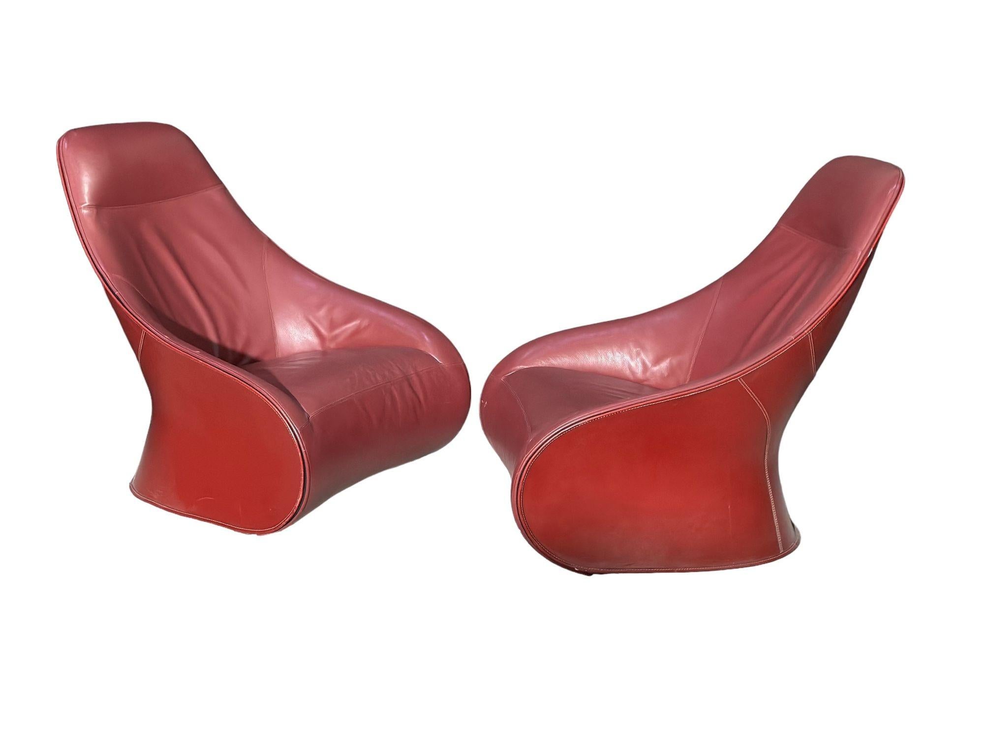 Modern Pair Red Leather Zanotta Derby Arm Chairs by Noe Duchaufour Lawrance, Italy For Sale