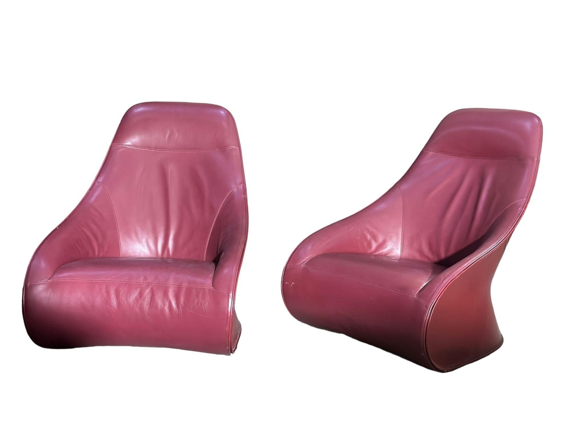 Italian Pair Red Leather Zanotta Derby Arm Chairs by Noe Duchaufour Lawrance, Italy For Sale