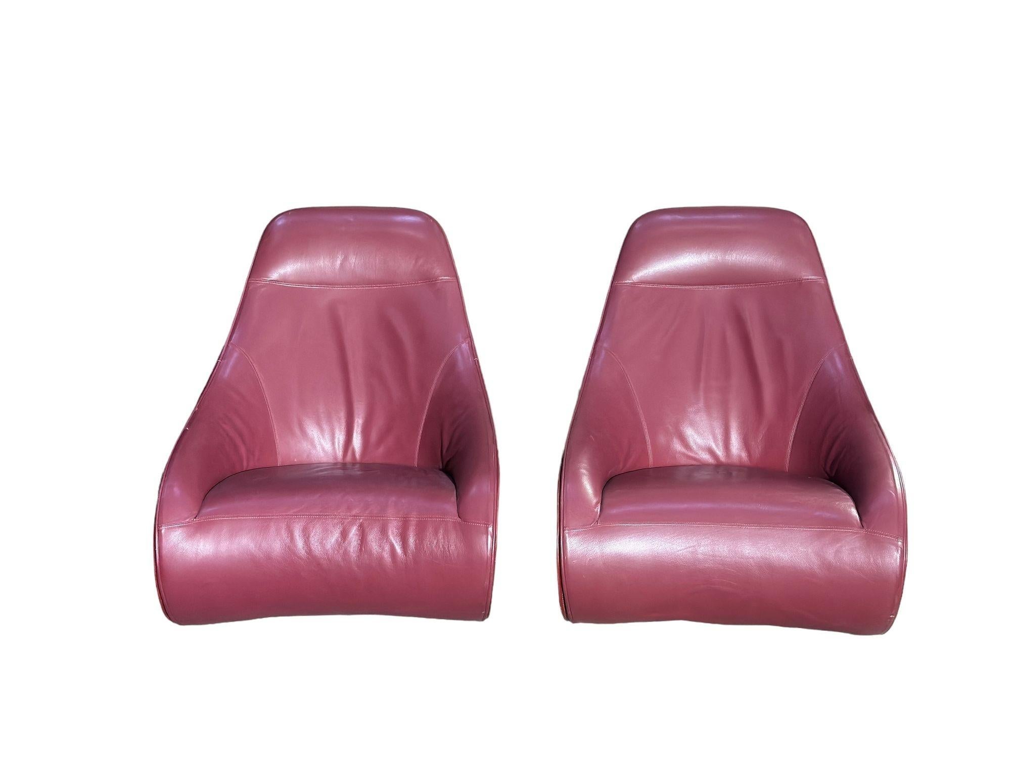 Pair Red Leather Zanotta Derby Arm Chairs by Noe Duchaufour Lawrance, Italy In Good Condition For Sale In Chicago, IL
