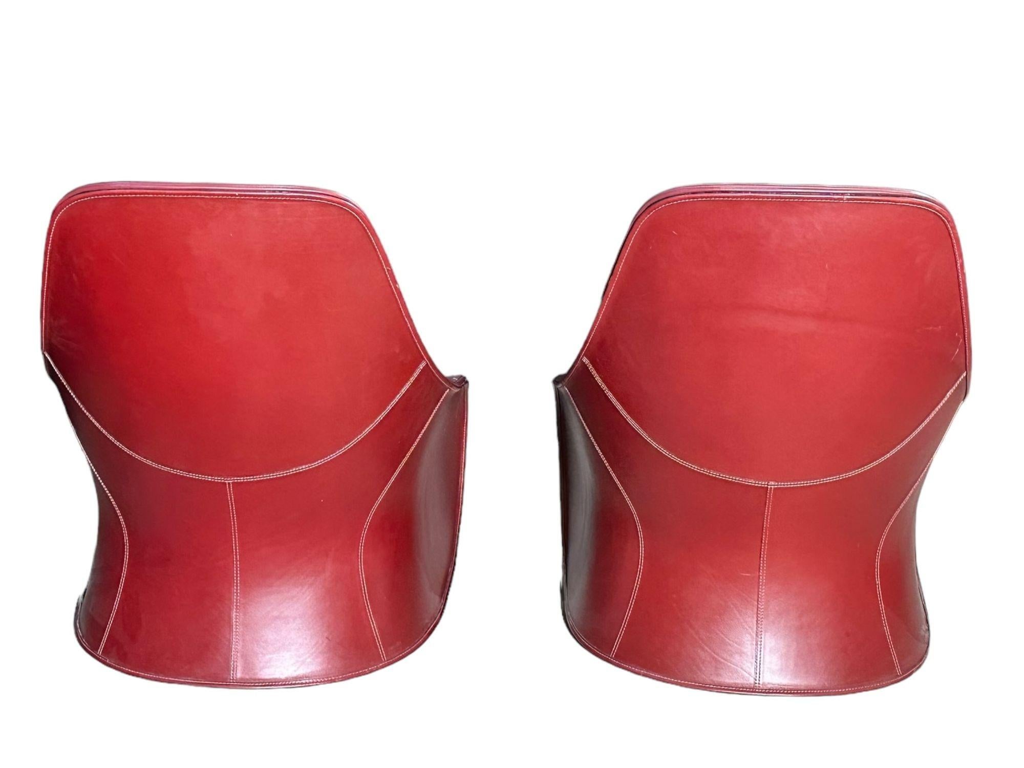 Contemporary Pair Red Leather Zanotta Derby Arm Chairs by Noe Duchaufour Lawrance, Italy For Sale