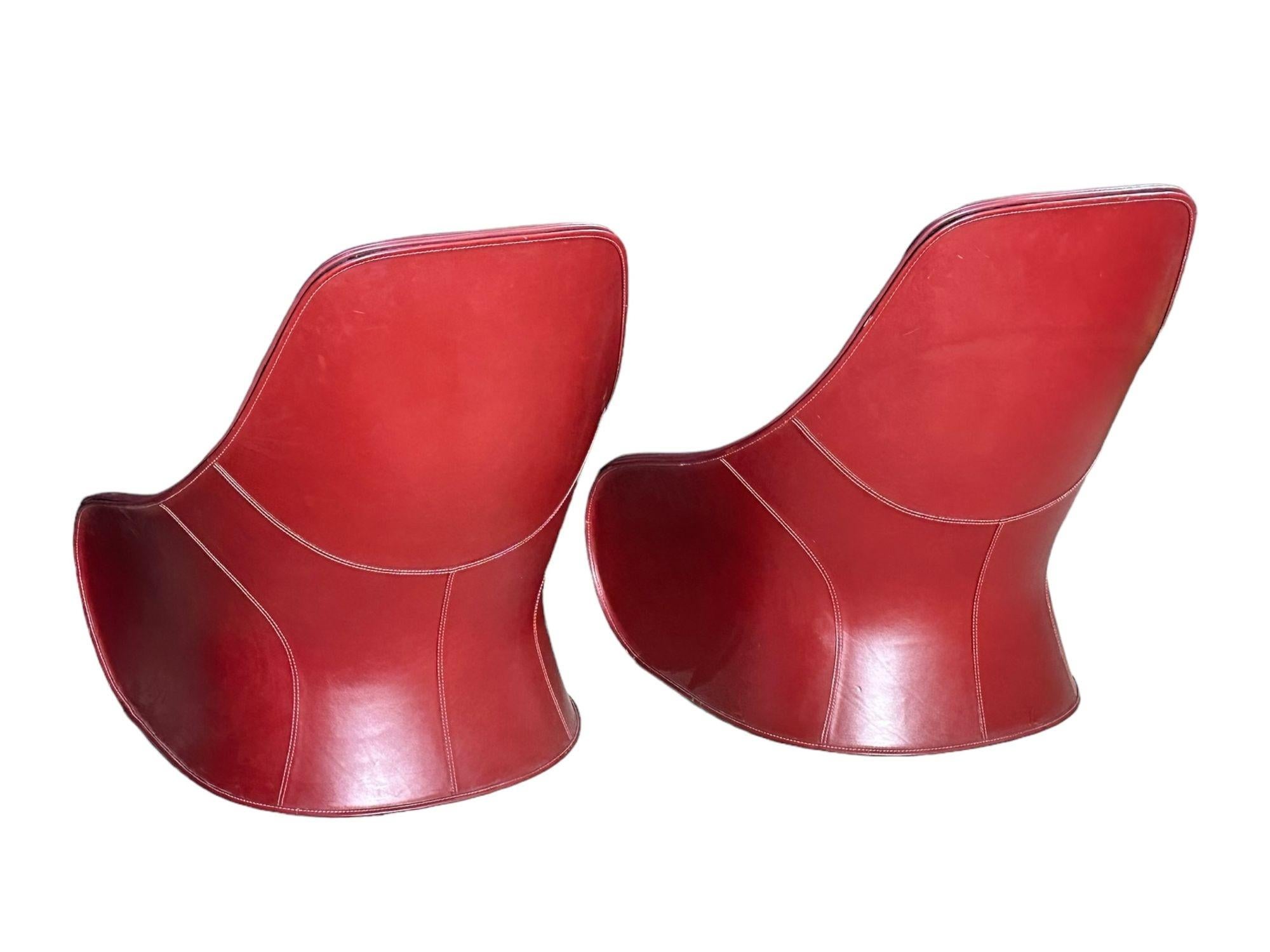 Pair Red Leather Zanotta Derby Arm Chairs by Noe Duchaufour Lawrance, Italy For Sale 1