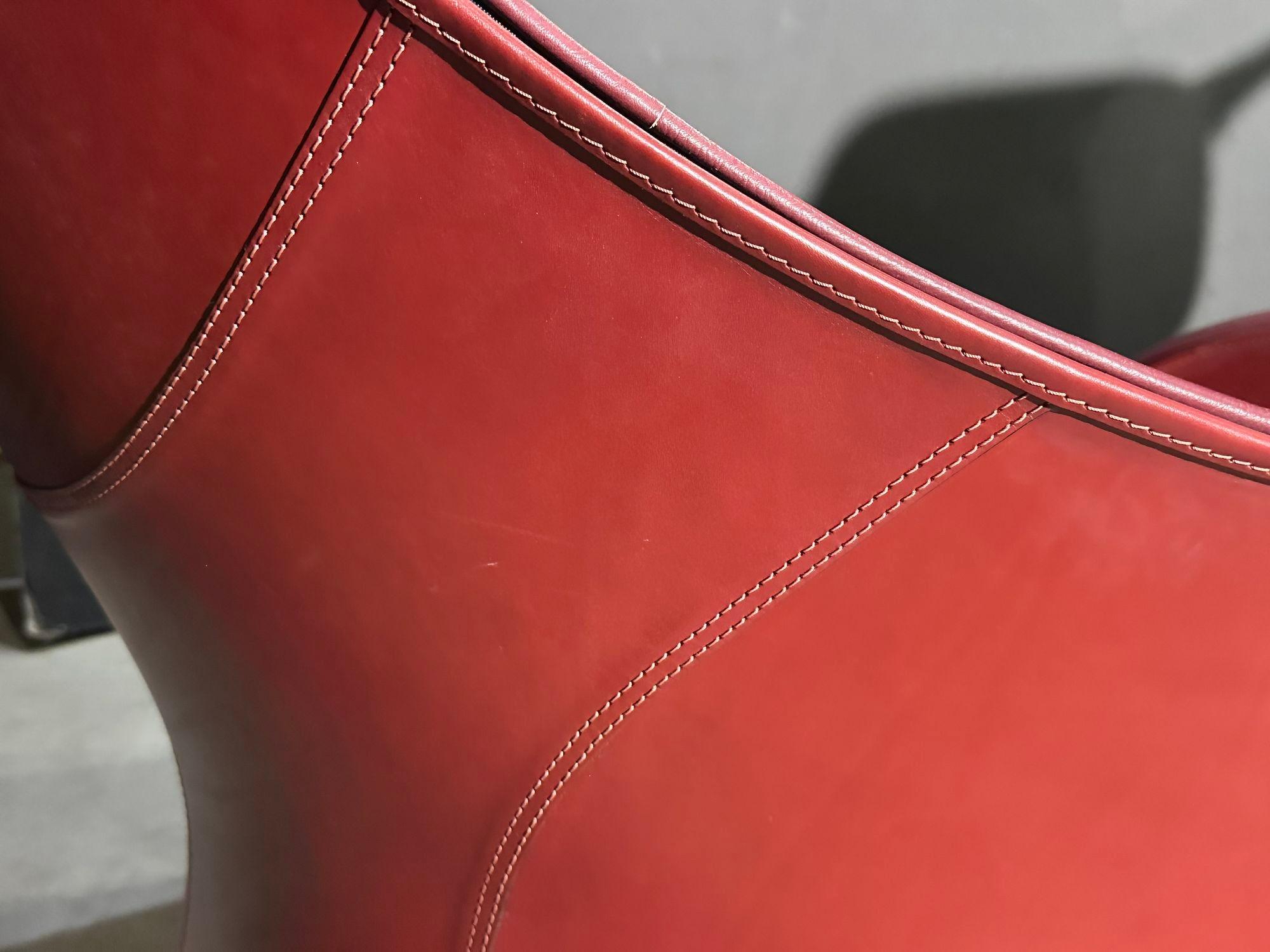 Pair Red Leather Zanotta Derby Arm Chairs by Noe Duchaufour Lawrance, Italy For Sale 2