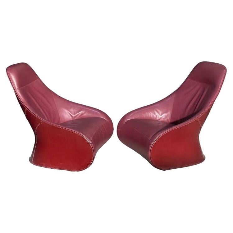 Pair Red Leather Zanotta Derby Arm Chairs by Noe Duchaufour Lawrance, Italy