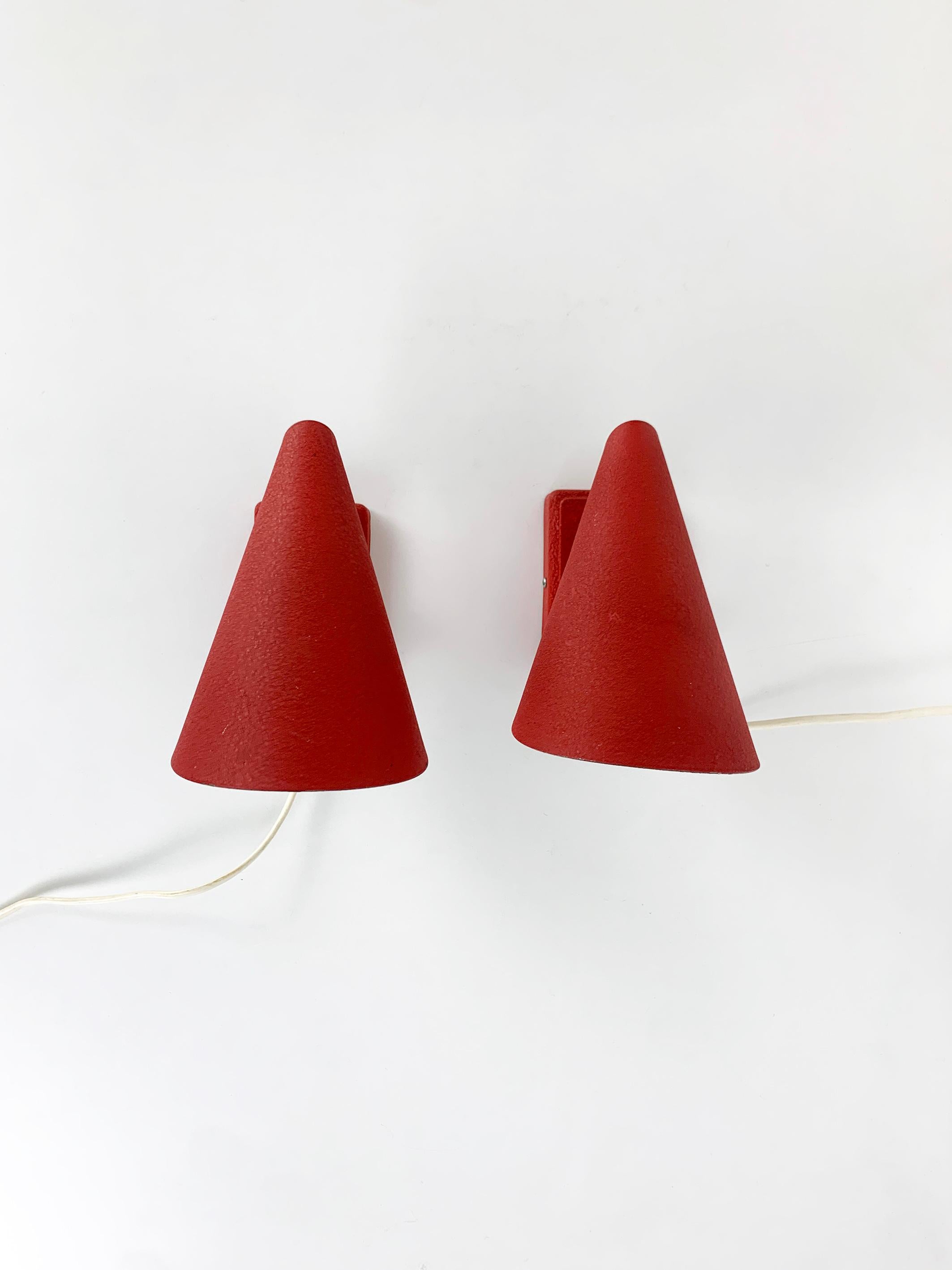 20th Century Pair Red Mid-Century Wall Lights Erik Warna for EWA, Sweden, 1950s