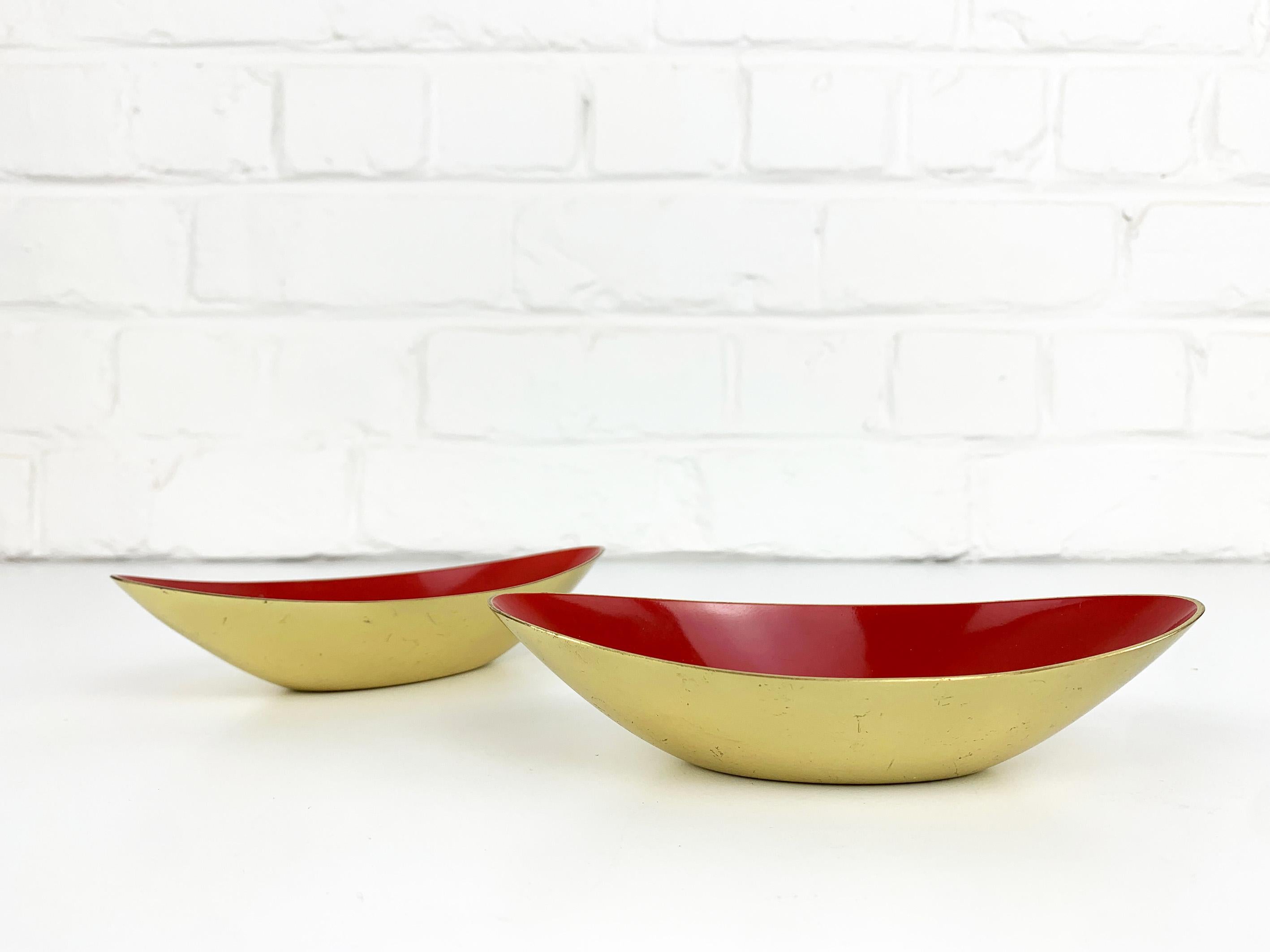 Swedish Pair Red Modernist Bowls in Brass by Gunnar Ander Ystad Metall Sweden  For Sale