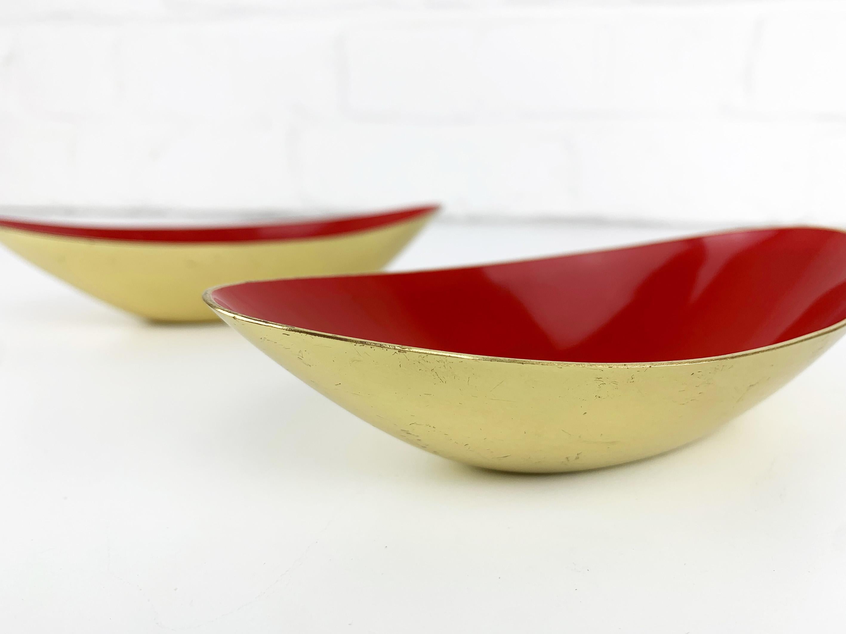 Enameled Pair Red Modernist Bowls in Brass by Gunnar Ander Ystad Metall Sweden  For Sale