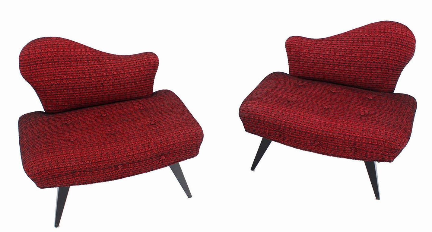 Pair Red Tufted Upholstery Mid Century Modern Fireside Slipper Lounge Chairs Camel Back MINT!
Bench like extra comfort and width seats. 