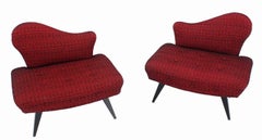 Pair Red Upholstery Mid Century Modern Fireside Slipper Lounge Chairs Camel Back