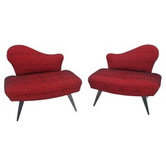 Pair Red Upholstery Mid Century Modern Fireside Slipper Lounge Chairs Camel Back