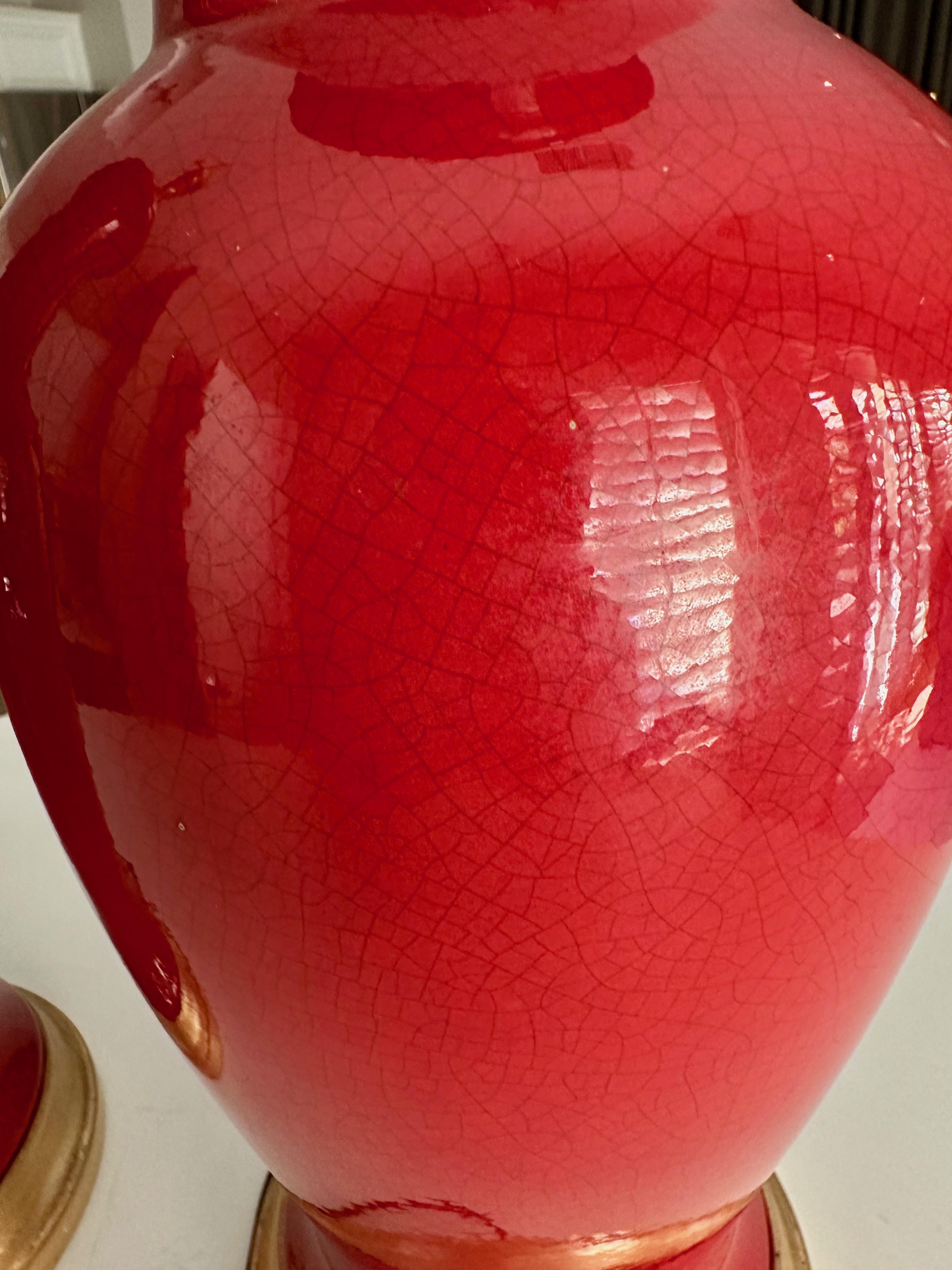 Paire de lampes de table en céramique orange rougeâtre de style asiatique en vente 4