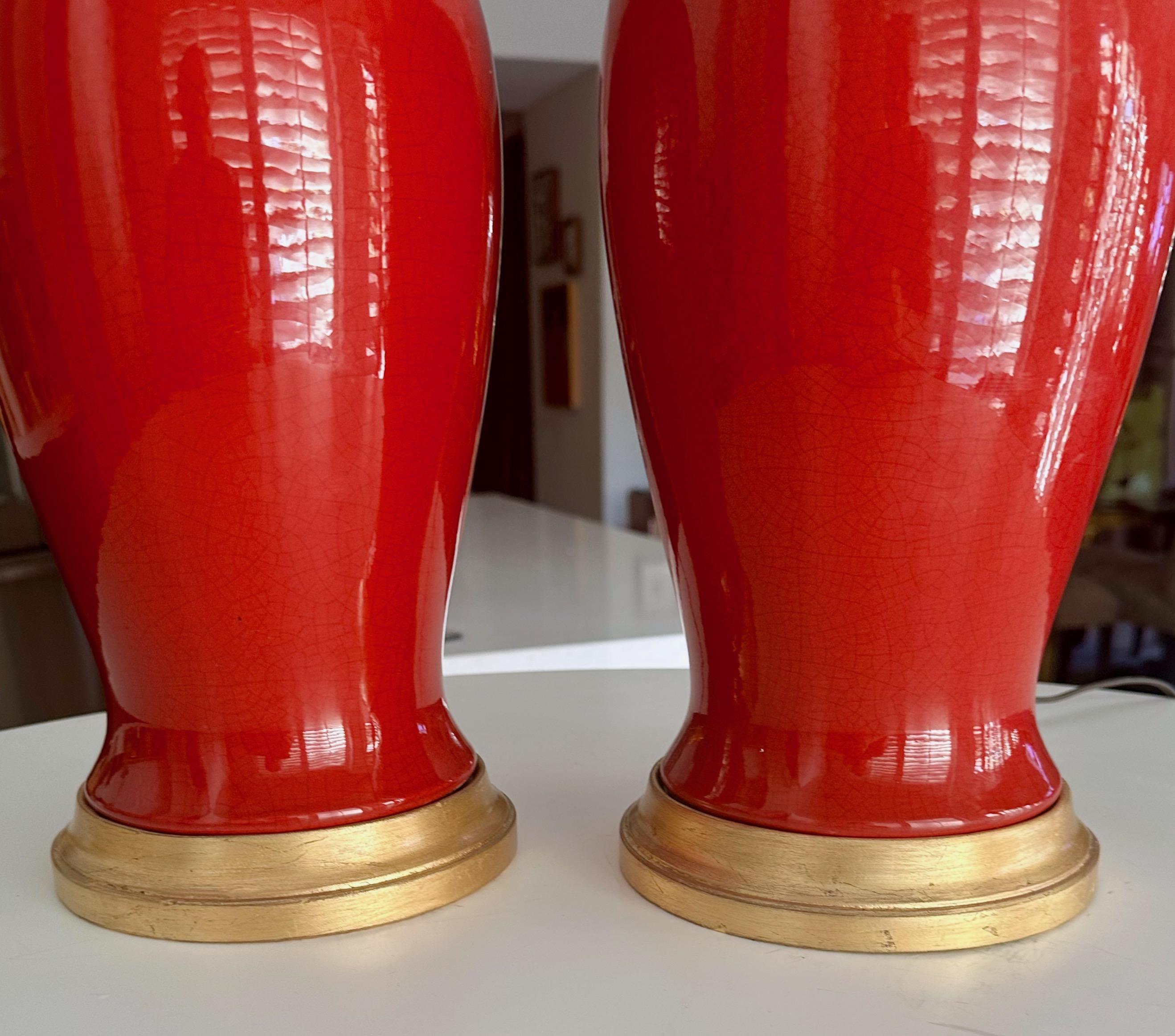 Paire de lampes de table en céramique orange rougeâtre de style asiatique en vente 6
