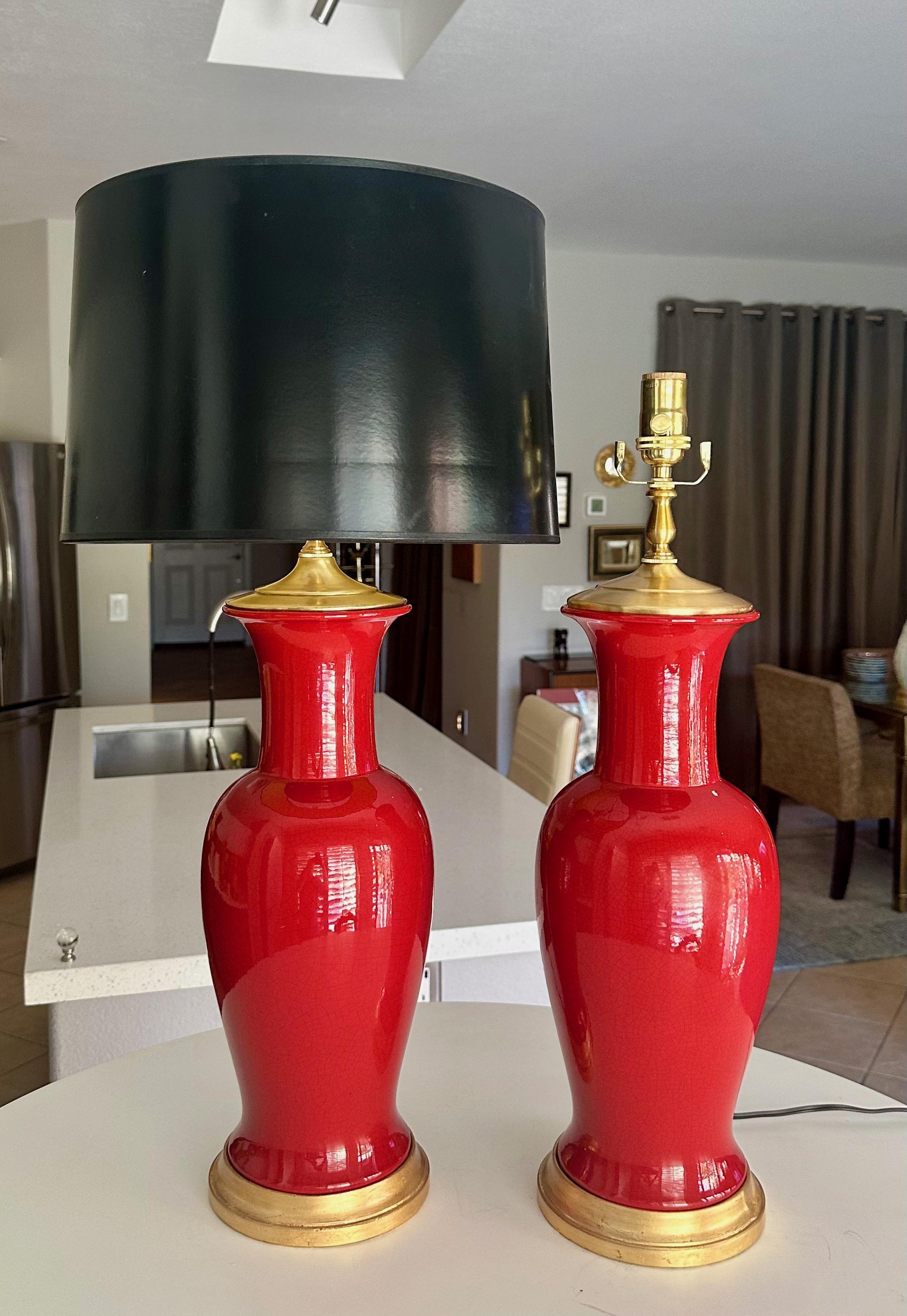 Paire de lampes de table en céramique orange rougeâtre de style asiatique en vente 12