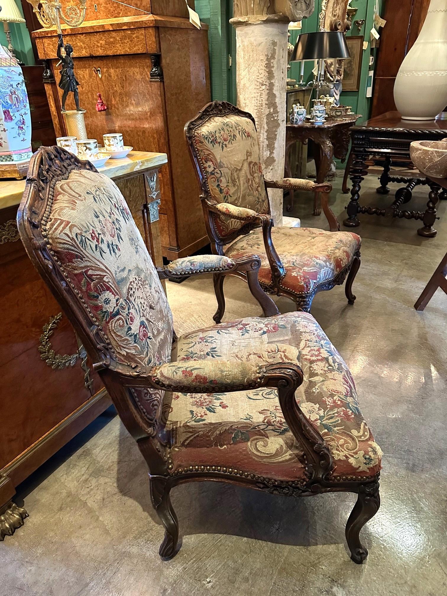Paire de fauteuils Regence Original Side Chairs Aubusson Tapestry Antique en vente 7