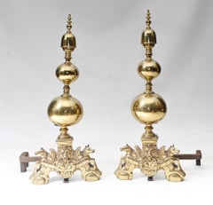 Pair Regency Andirons Brass Firedogs Lions Head