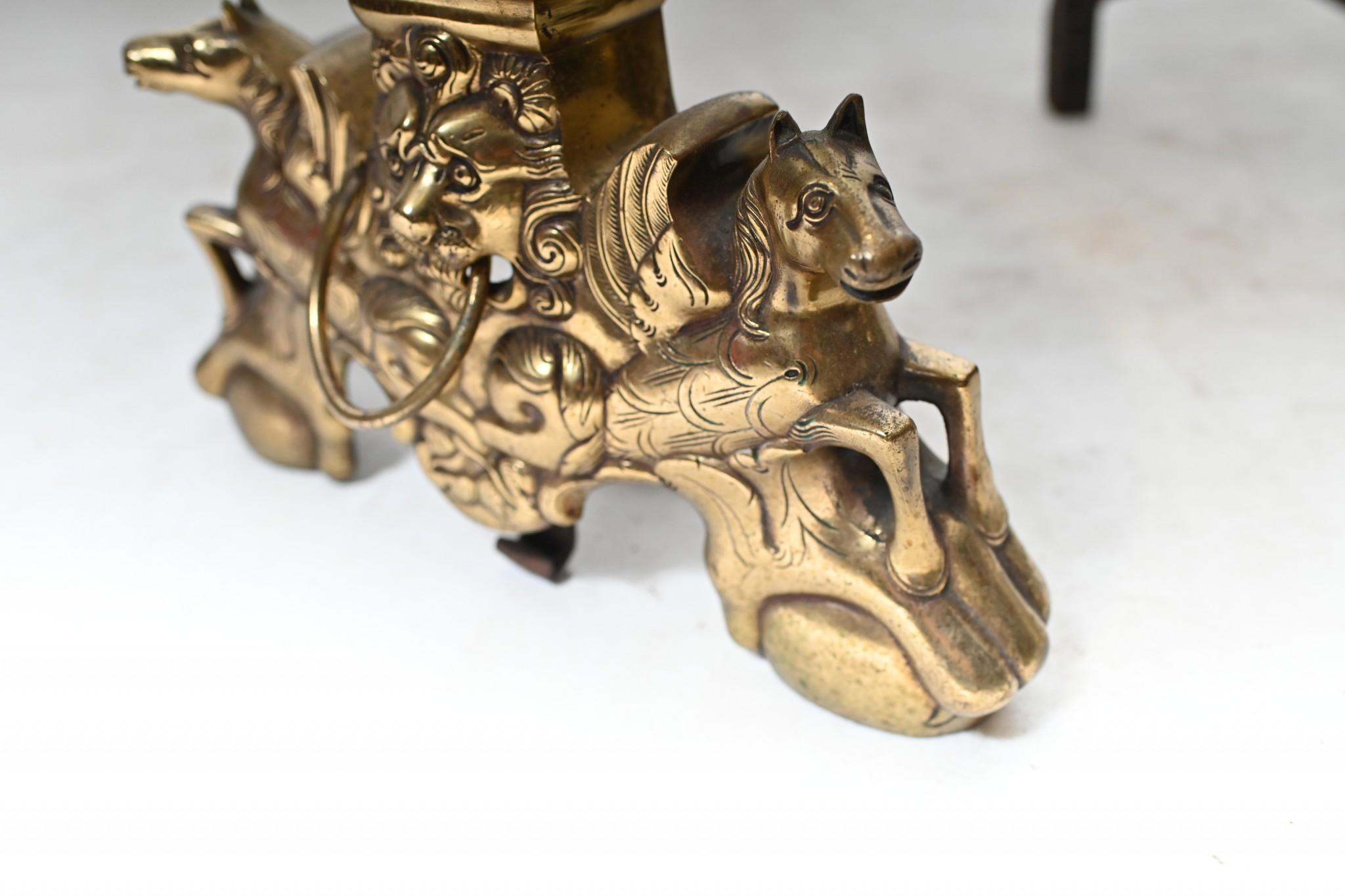 Pair Regency Andirons Brass Firedogs Lions Head For Sale 5