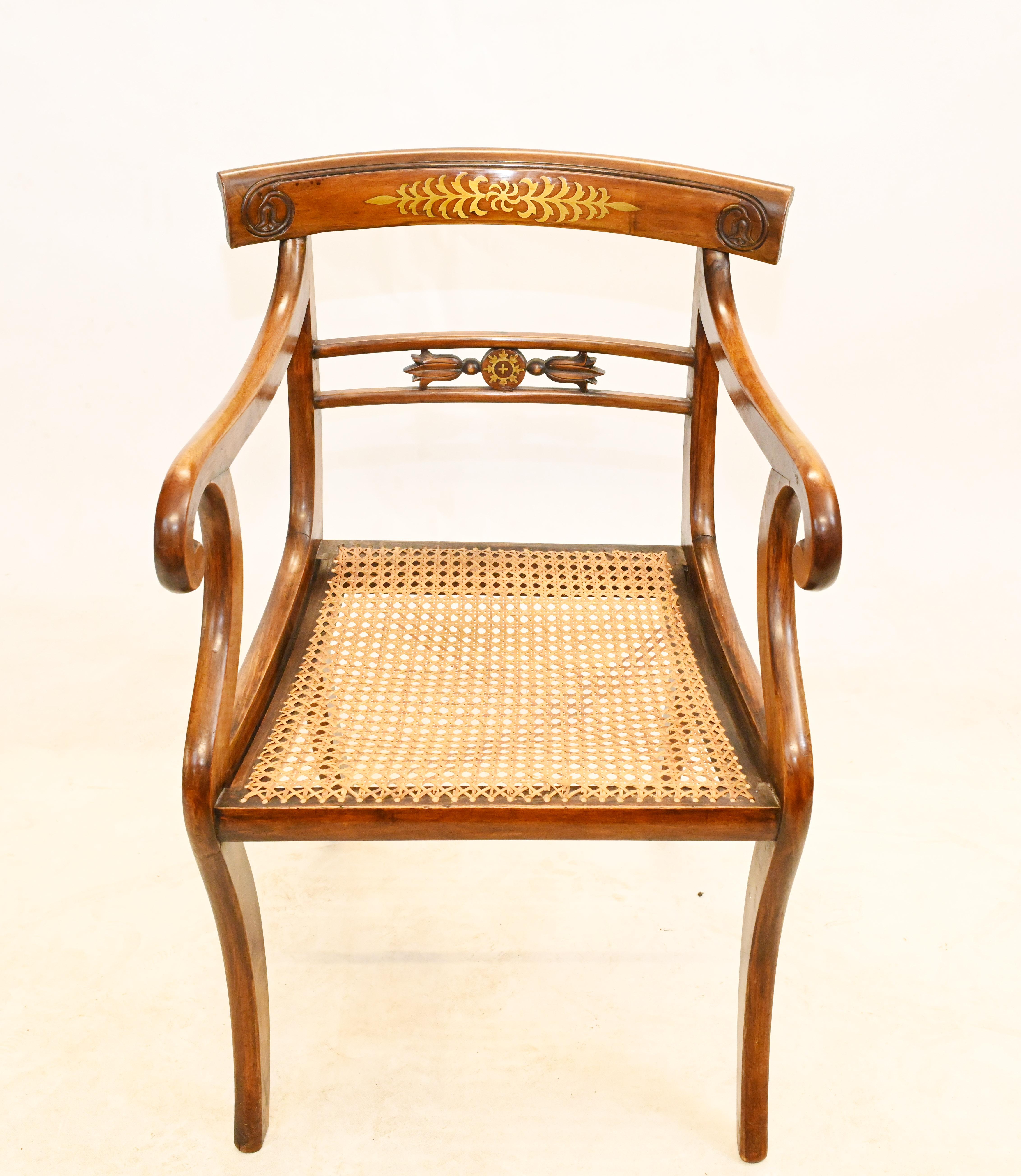 Pair Regency Arm Chairs Brass Inlay 1810 In Good Condition In Potters Bar, GB