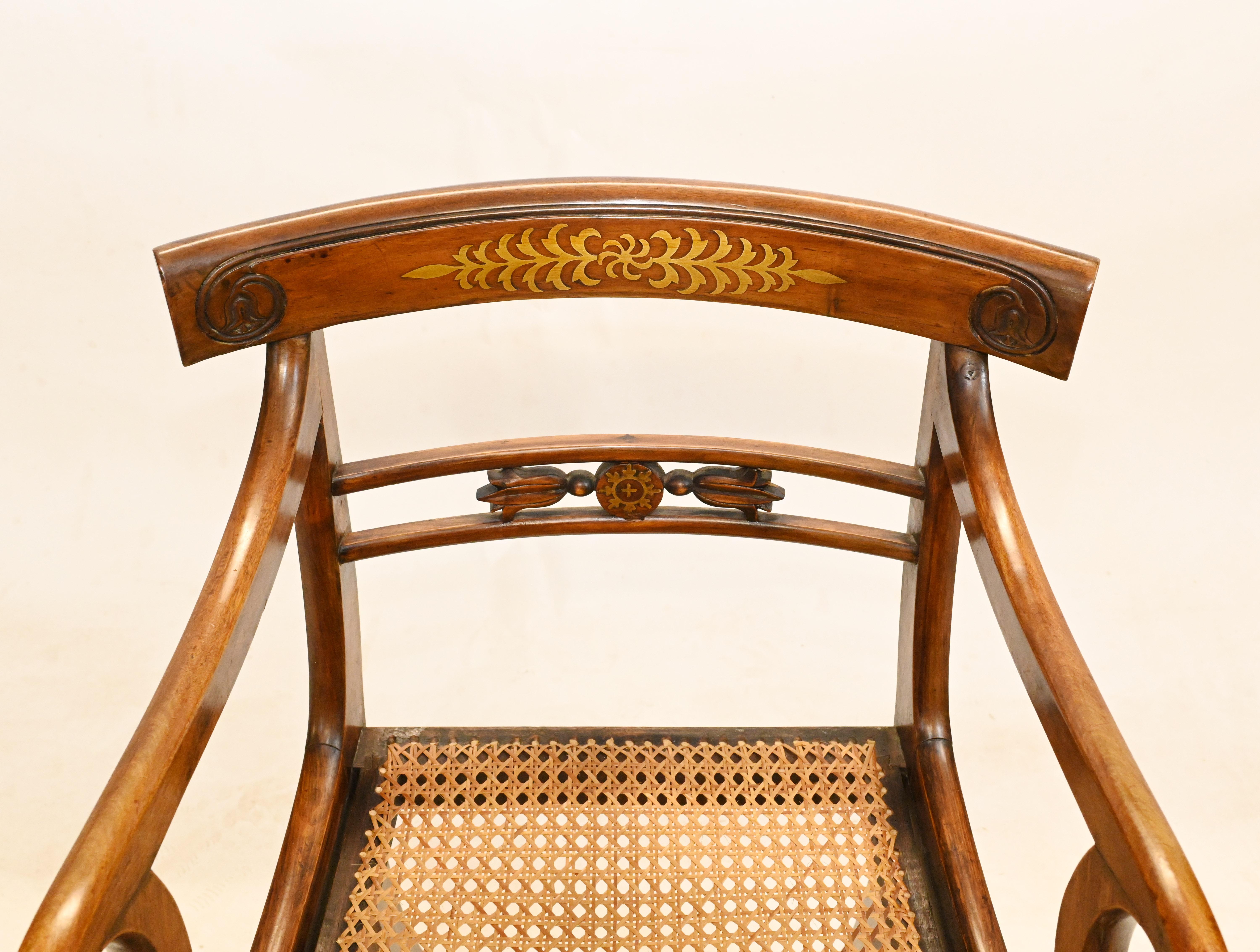 Early 19th Century Pair Regency Arm Chairs Brass Inlay 1810