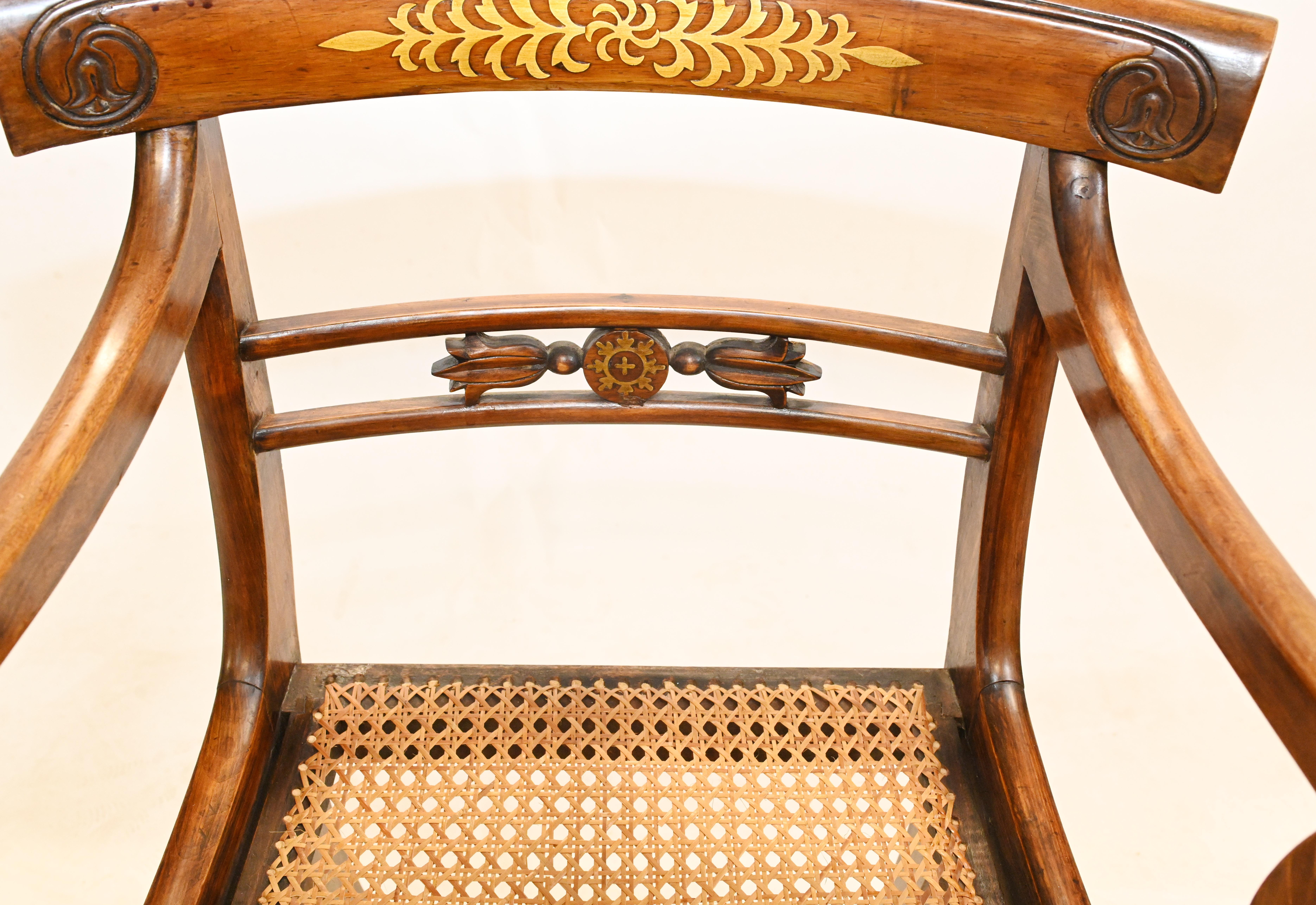 Mahogany Pair Regency Arm Chairs Brass Inlay 1810