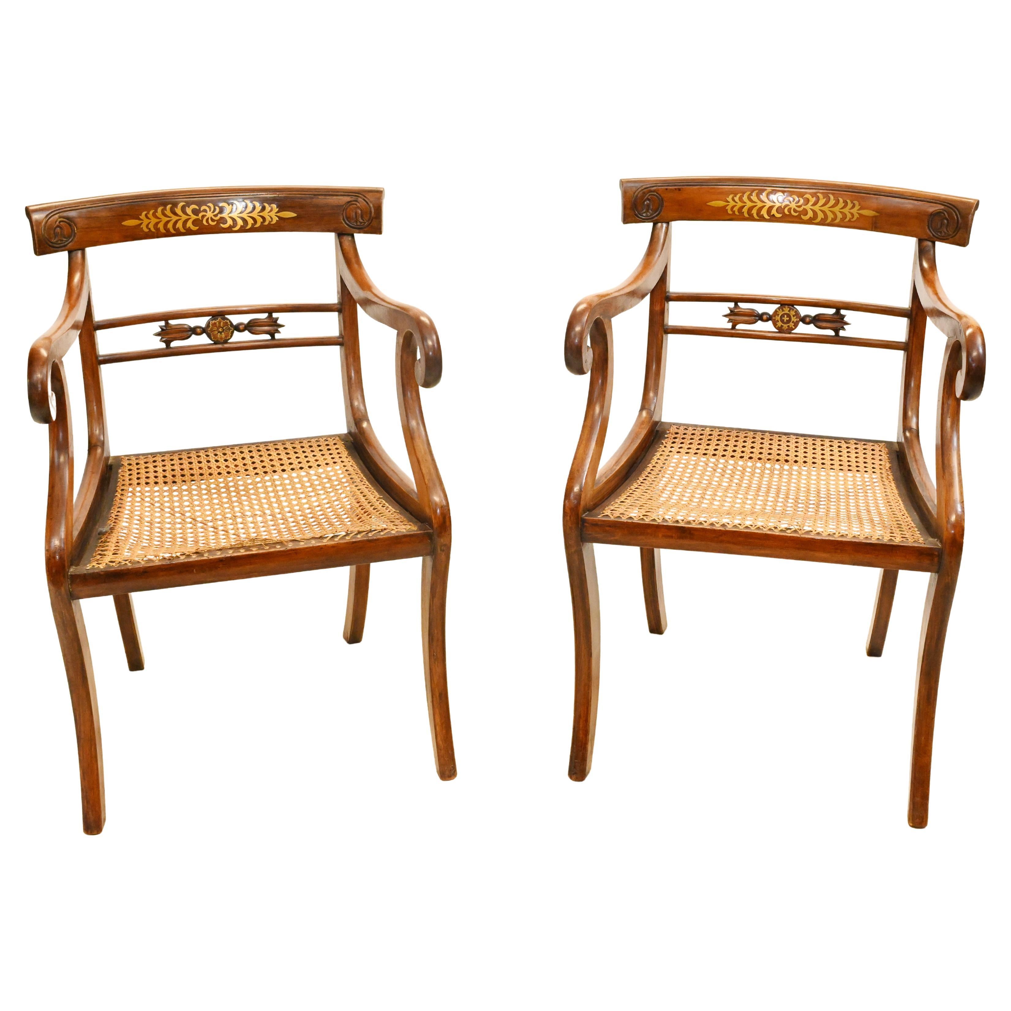 Pair Regency Arm Chairs Brass Inlay 1810