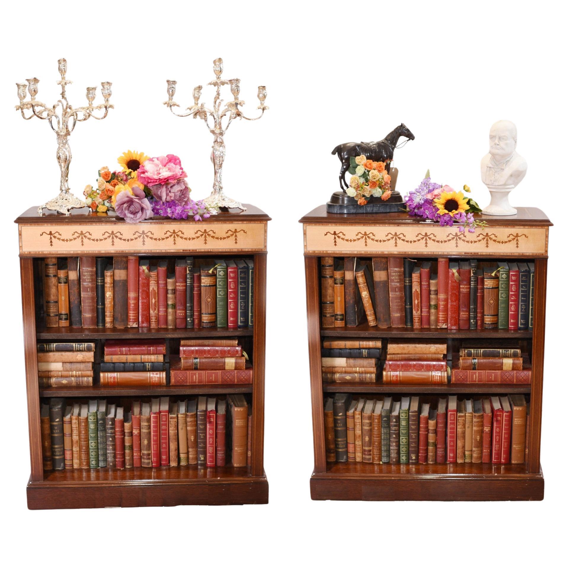 Pair Regency Bookcases - Mahogany Open Front Sheraton Inlay For Sale