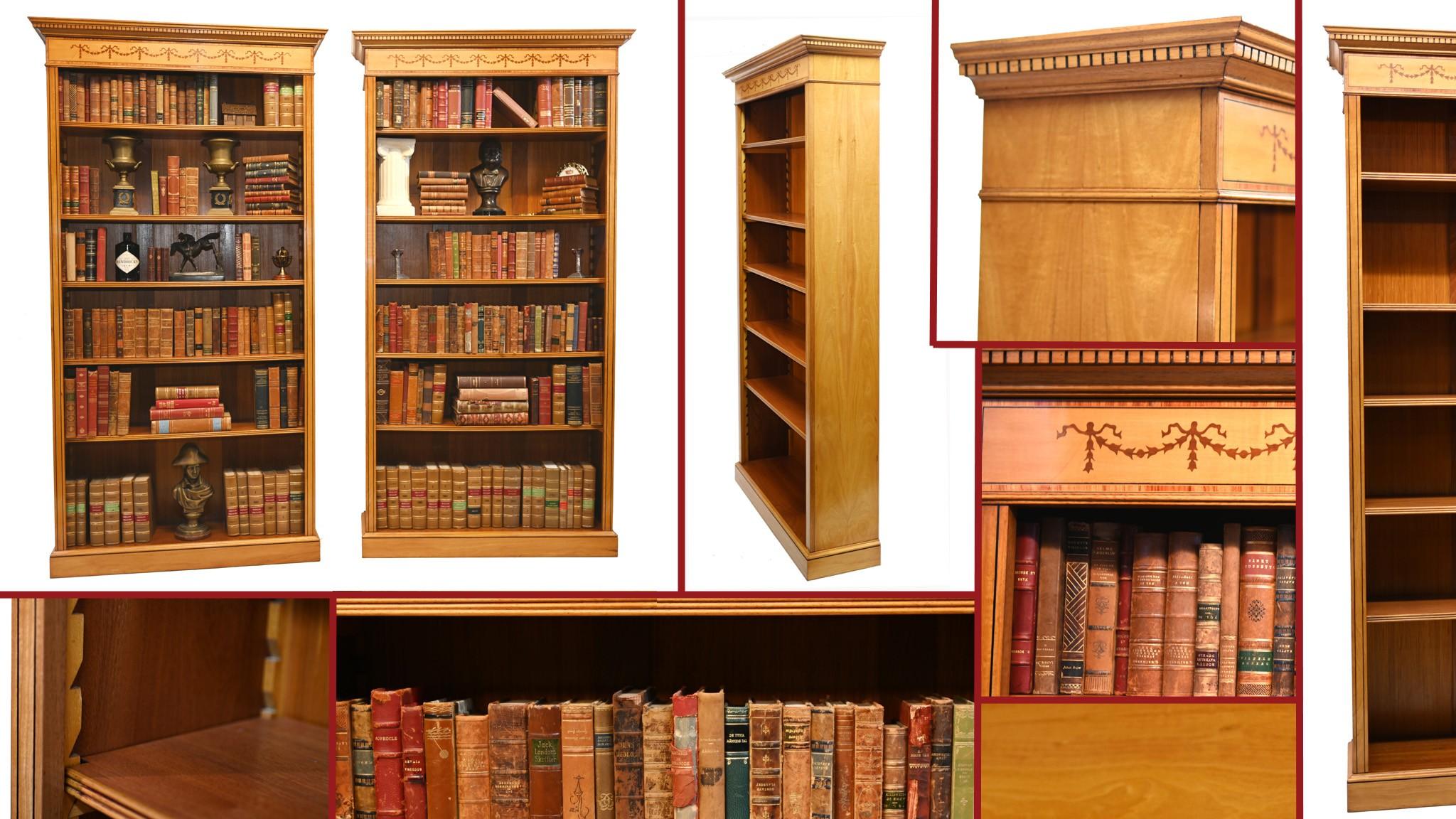 Pair Regency Bookcases - Open Sheraton Satinwood 7 ft English For Sale 9