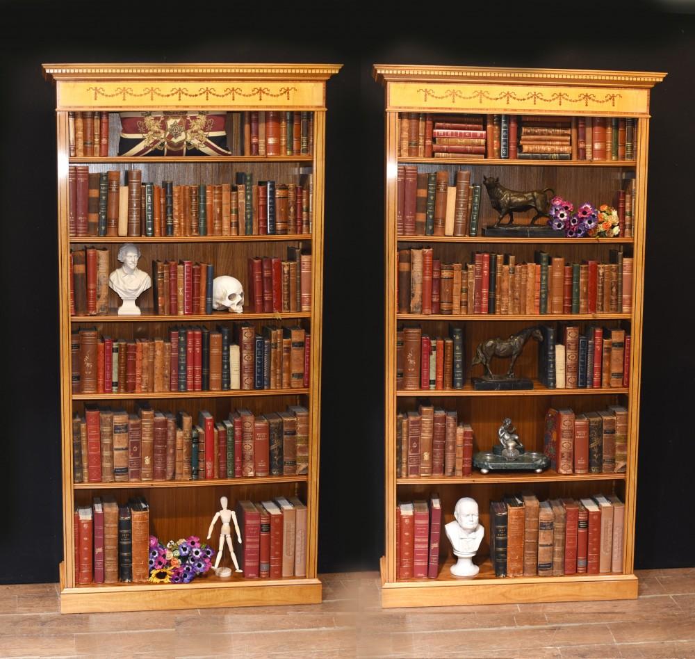Pair Regency Bookcases - Open Sheraton Satinwood 7 ft English In Good Condition In Potters Bar, GB