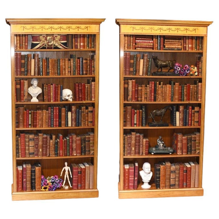 Pair Regency Bookcases Open Sheraton Satinwood 7 ft English For Sale