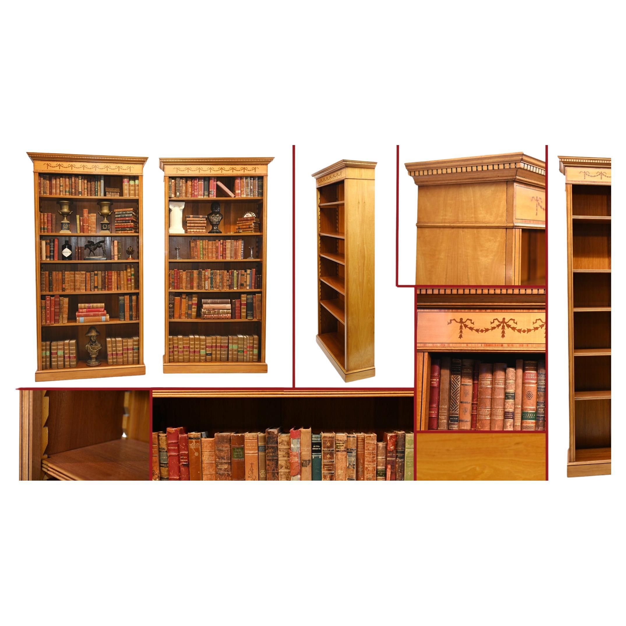 Pair Regency Bookcases - Open Sheraton Satinwood 7 ft English For Sale