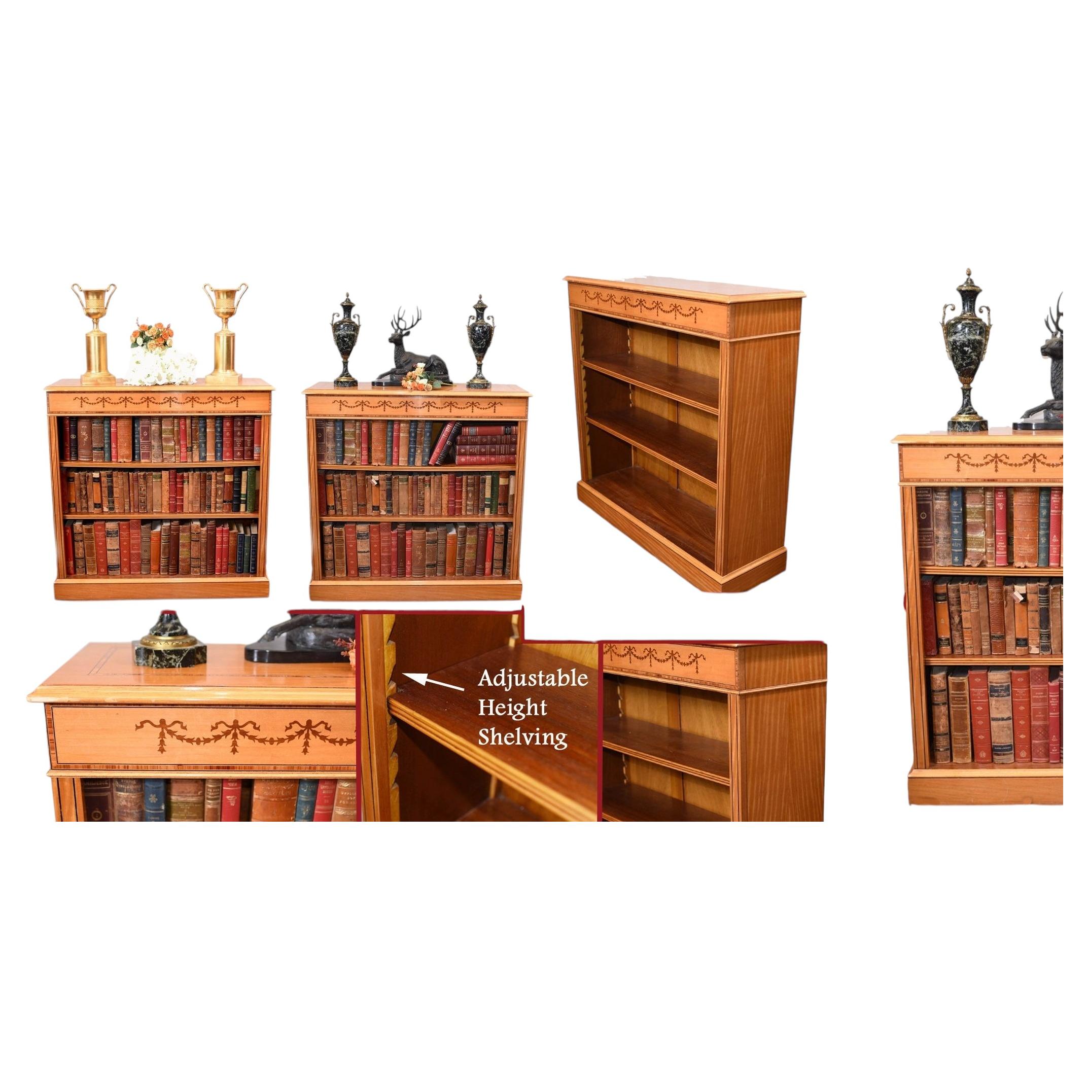 Pair Regency Bookcases - Satinwood Open Front Sheraton Inlay Bespoke For Sale