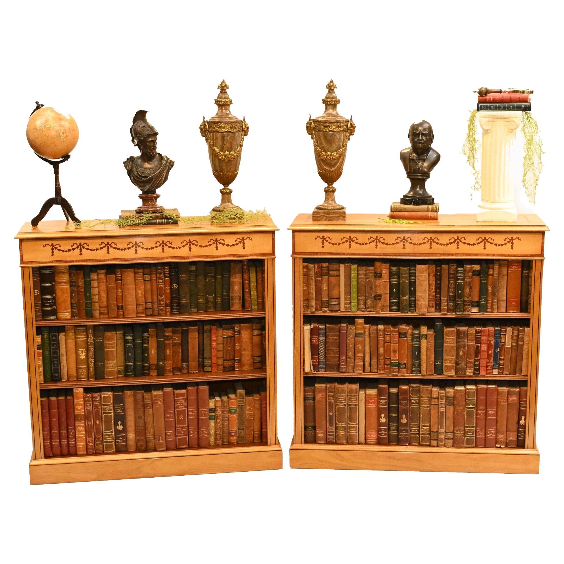 Pair Regency Bookcases, Satinwood Open Front Sheraton Inlay For Sale