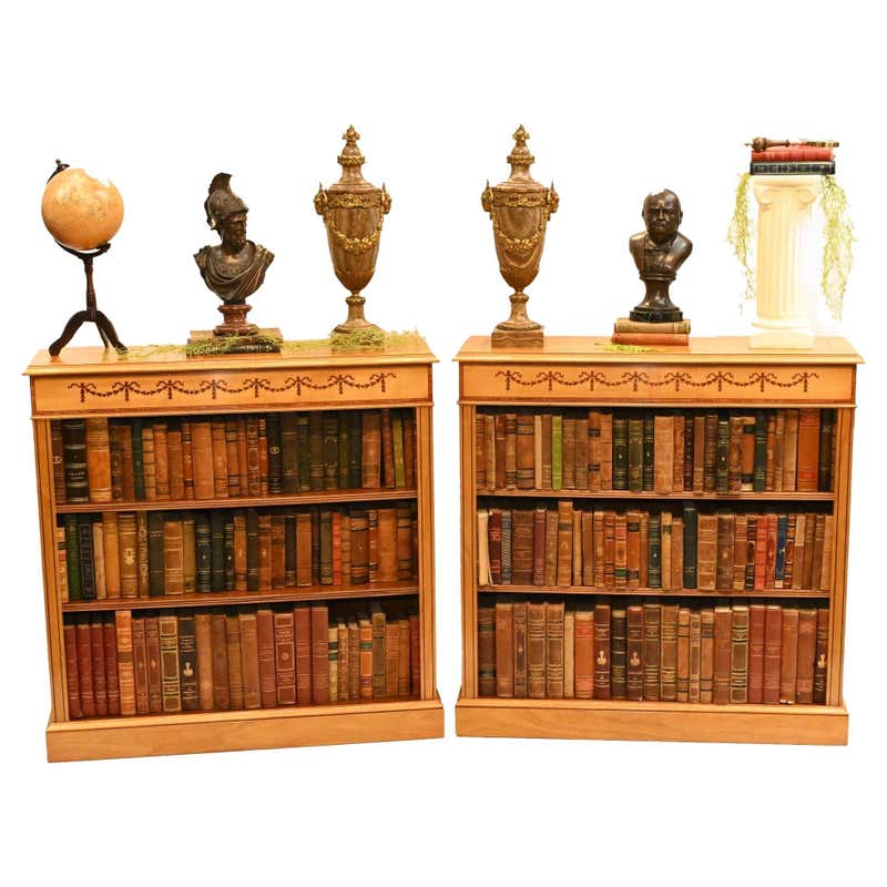 Mahogany Bookcase - Double English Sheraton Inlay Open Front For Sale ...