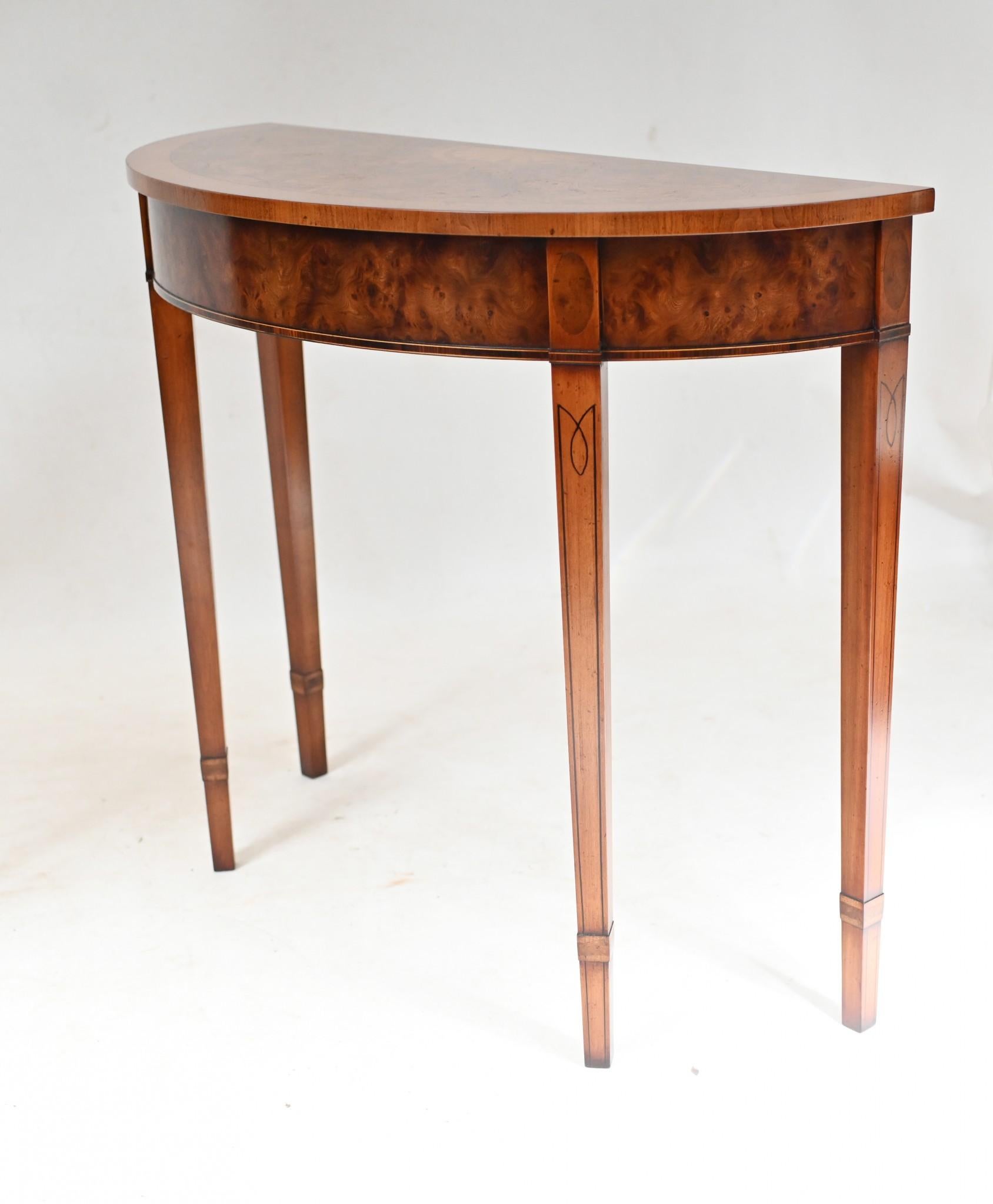 Late 20th Century Pair Regency Console Tables Demi Lune Classical Marquetry