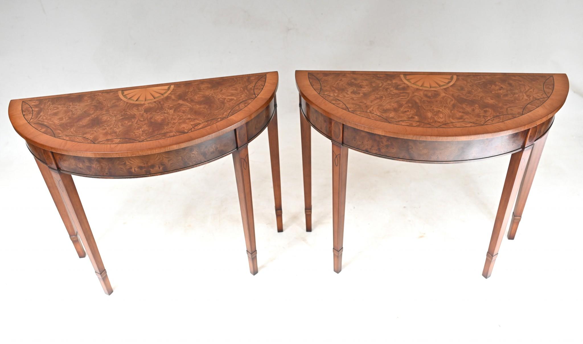 Walnut Pair Regency Console Tables Demi Lune Classical Marquetry