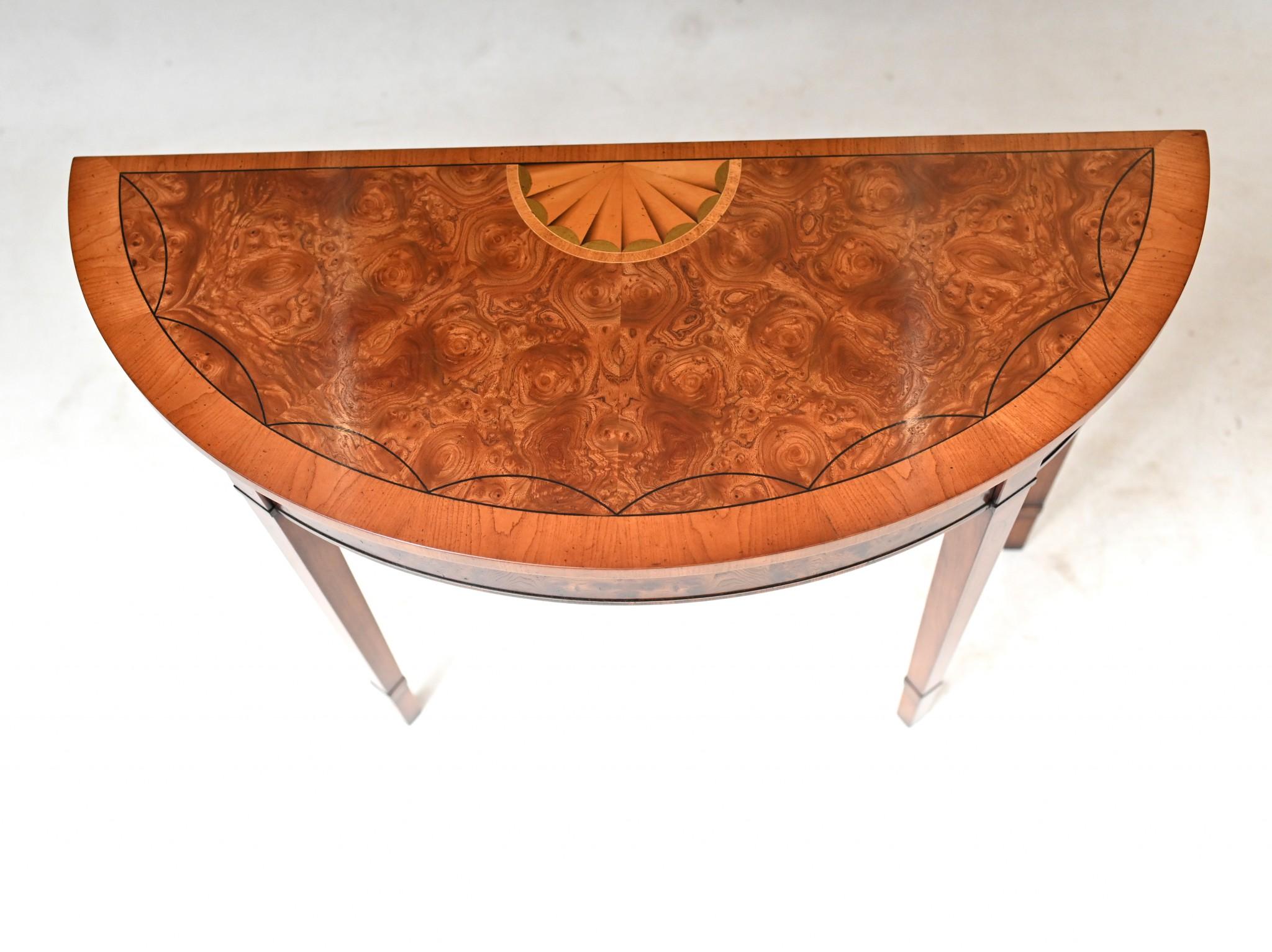 Pair Regency Console Tables Demi Lune Classical Marquetry 2