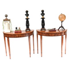 Pair Regency Console Tables Demi Lune Classical Marquetry