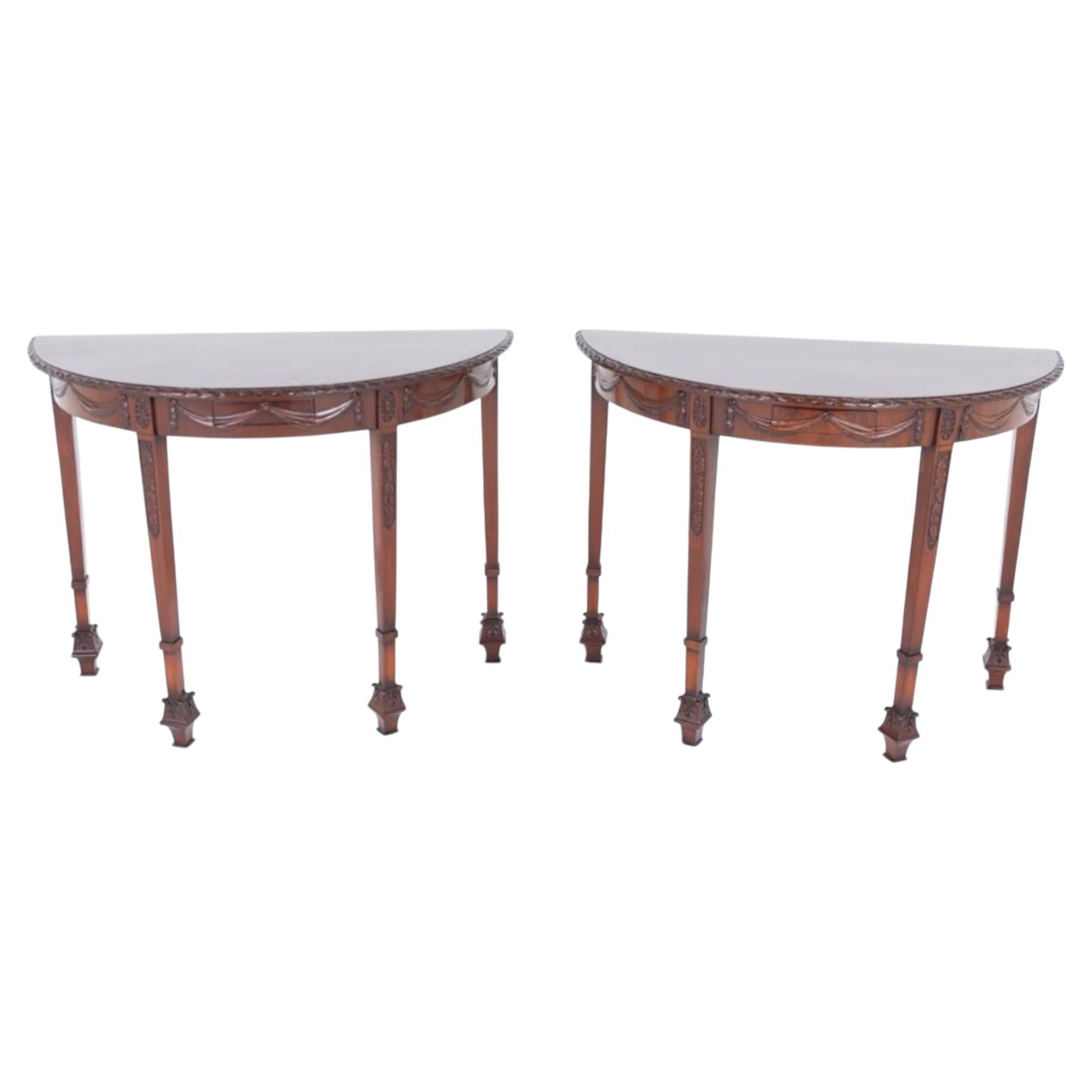 Pair Regency Console Tables Mahogany Hall Revival Demi Lune For Sale