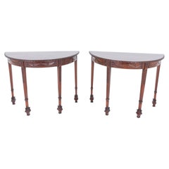 Pair Regency Console Tables Mahogany Hall Revival Demi Lune