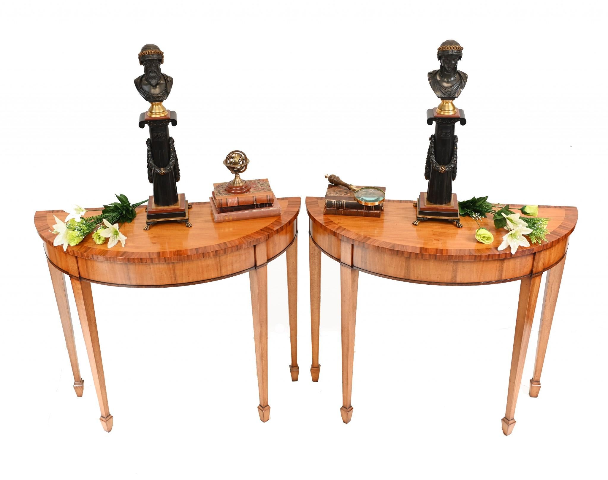 Pair Regency Console Tables Satinwood Demi Lune Hall 2