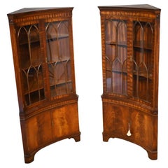 Pair Regency Corner Cabinets Concave Bookcase Display Mahogany