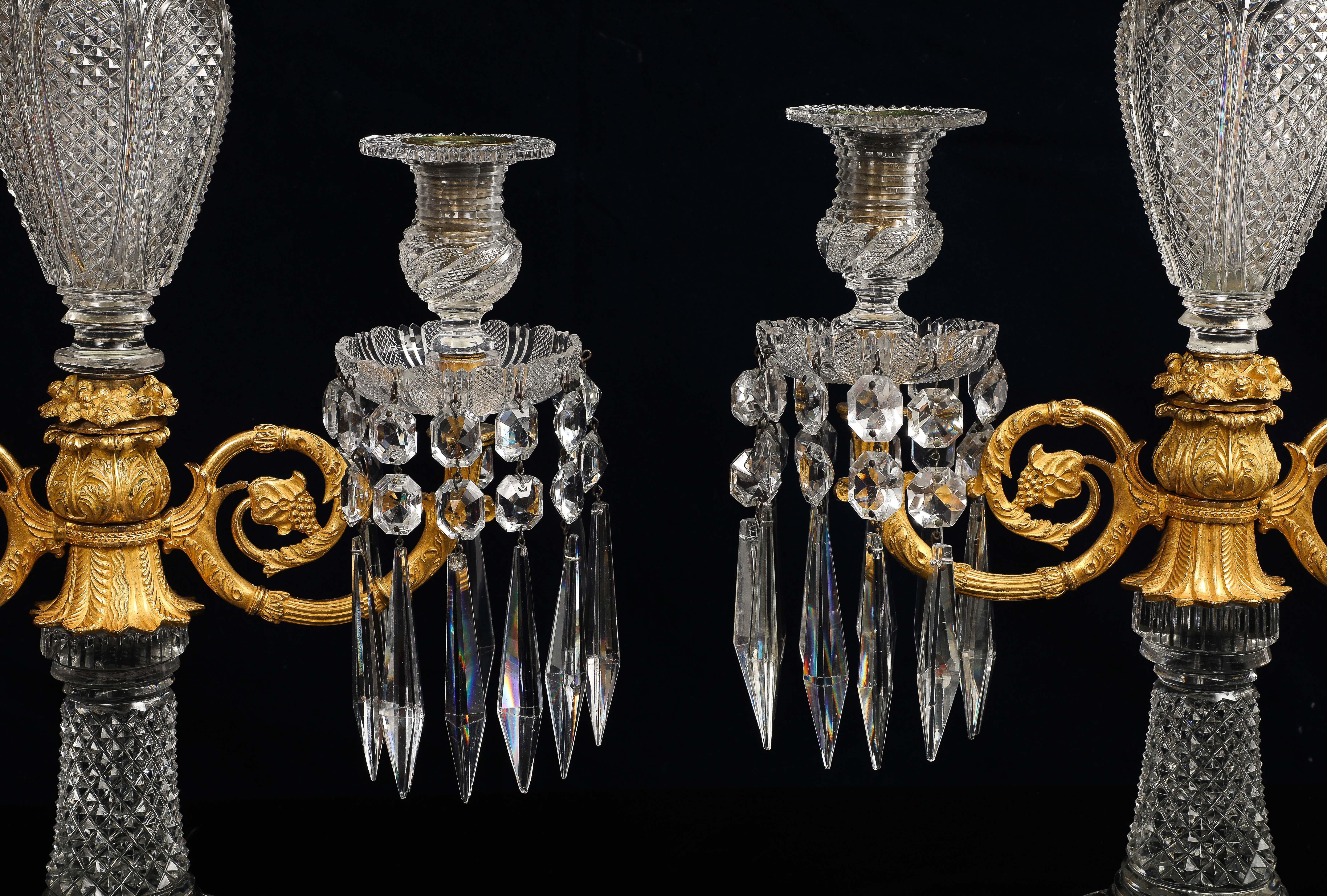 Pair Regency Crystal & Gilt Bronze Two-Light Candelabra, Attributed John Blades For Sale 4
