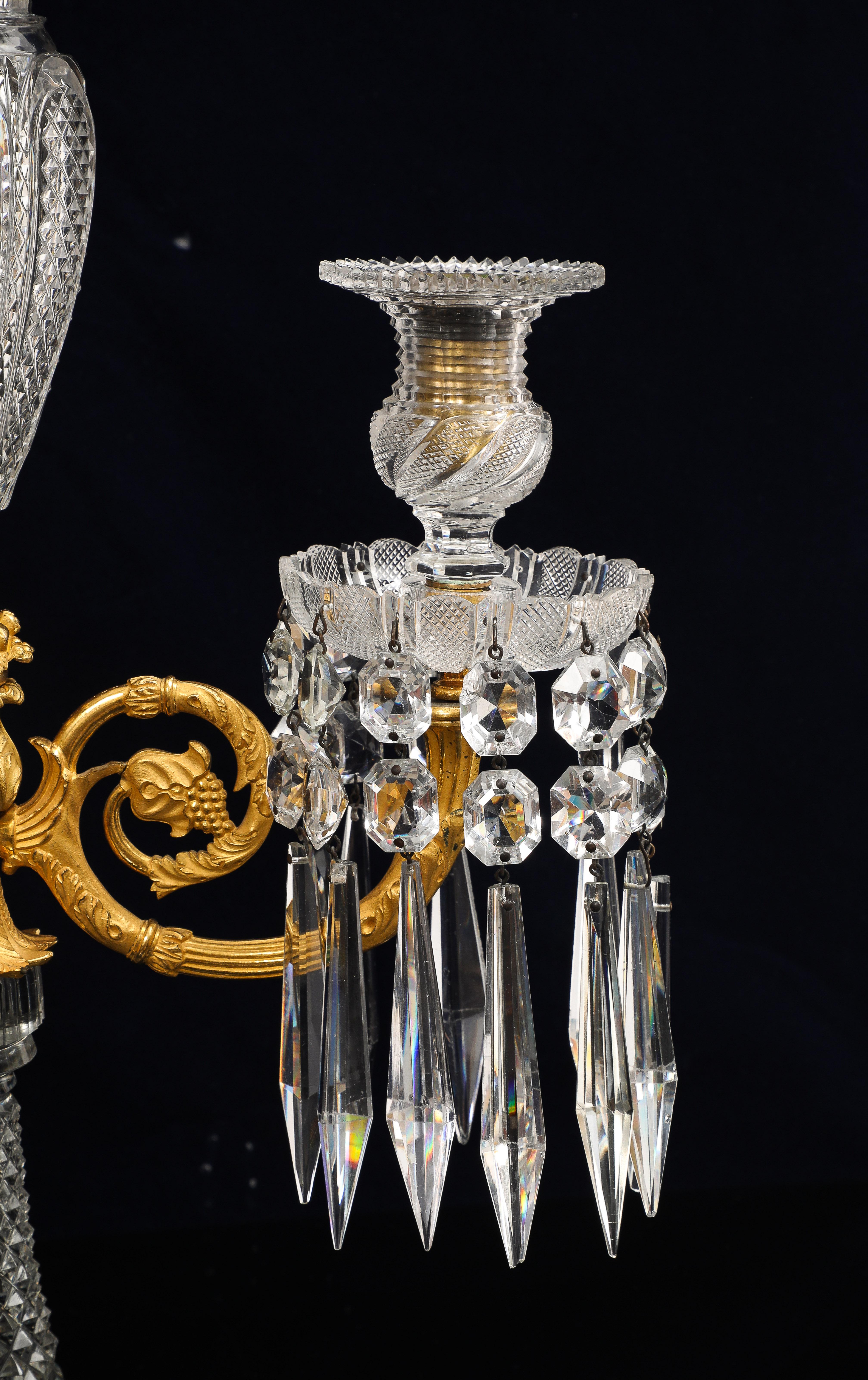Pair Regency Crystal & Gilt Bronze Two-Light Candelabra, Attributed John Blades For Sale 5