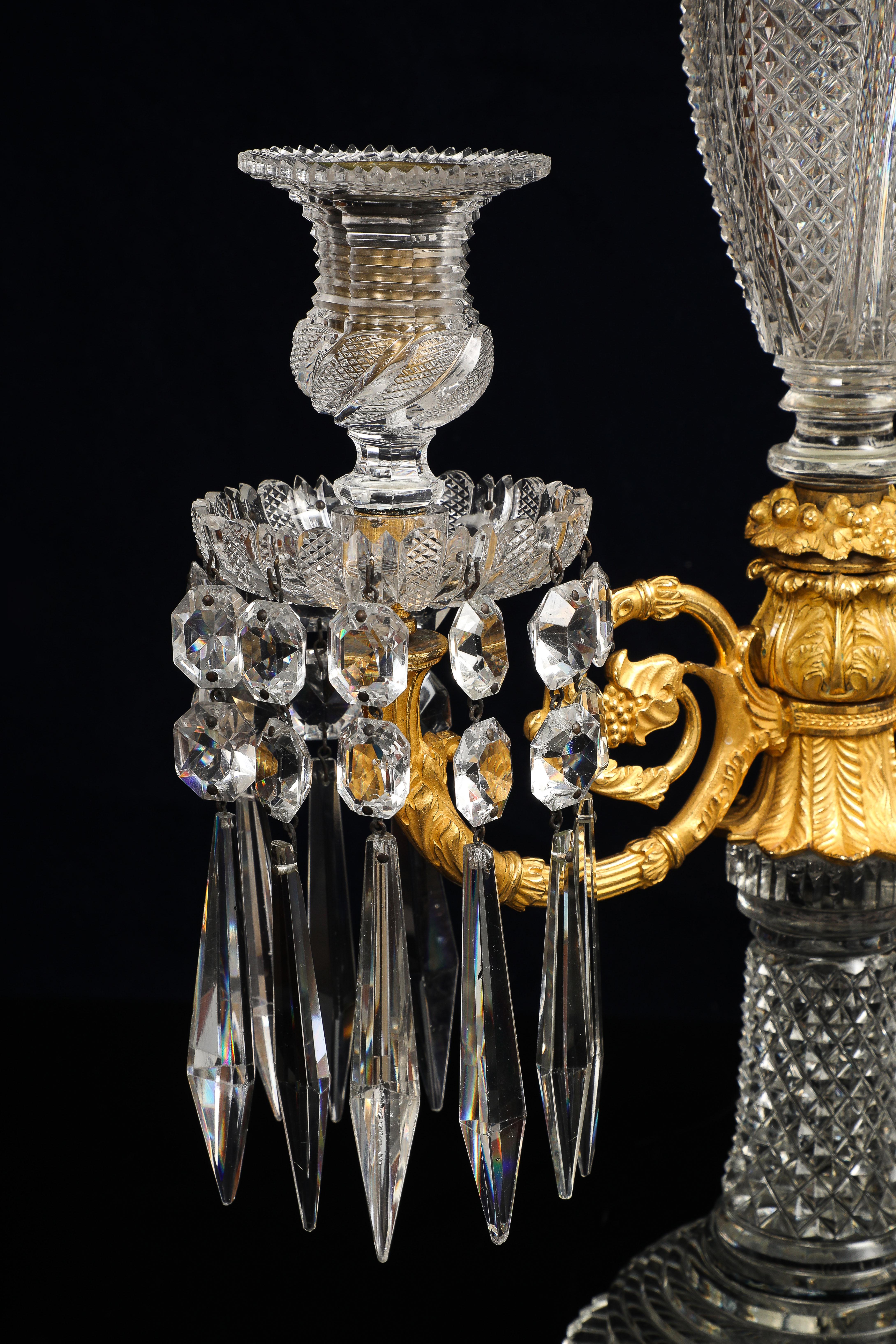 Pair Regency Crystal & Gilt Bronze Two-Light Candelabra, Attributed John Blades For Sale 6