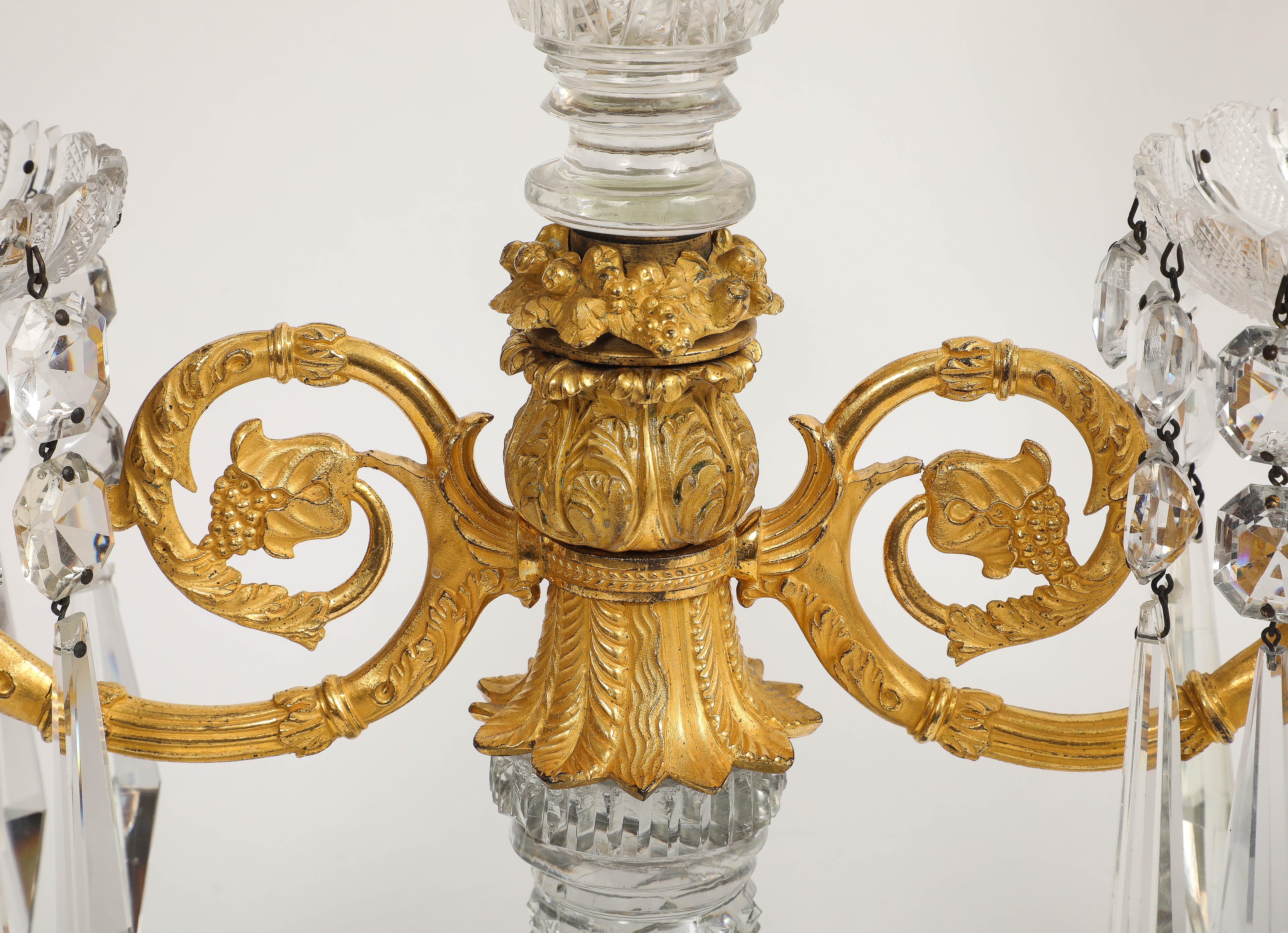 Pair Regency Crystal & Gilt Bronze Two-Light Candelabra, Attributed John Blades For Sale 7